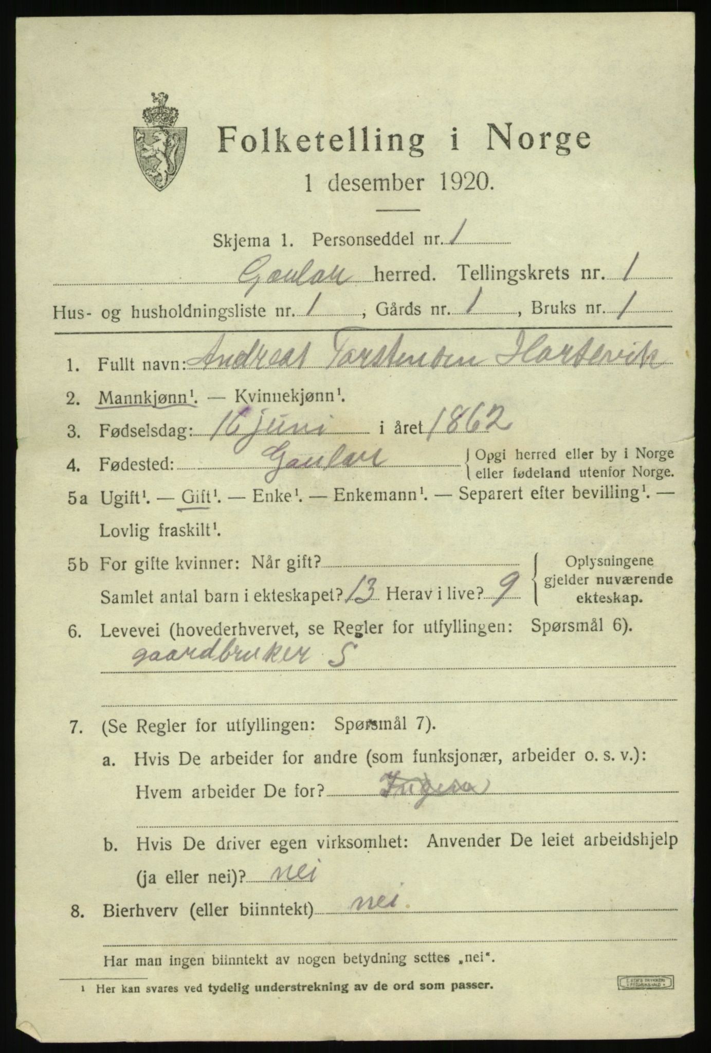 SAB, 1920 census for Gaular, 1920, p. 1266