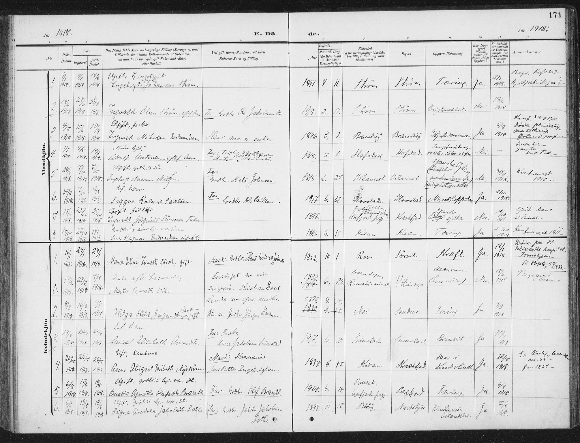 Ministerialprotokoller, klokkerbøker og fødselsregistre - Sør-Trøndelag, SAT/A-1456/657/L0709: Parish register (official) no. 657A10, 1905-1919, p. 171