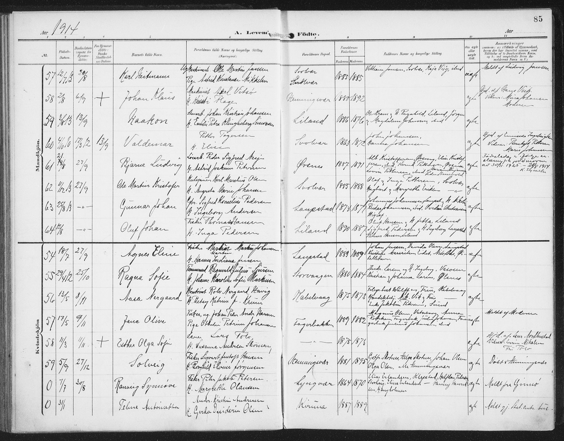 Ministerialprotokoller, klokkerbøker og fødselsregistre - Nordland, AV/SAT-A-1459/874/L1063: Parish register (official) no. 874A07, 1907-1915, p. 85