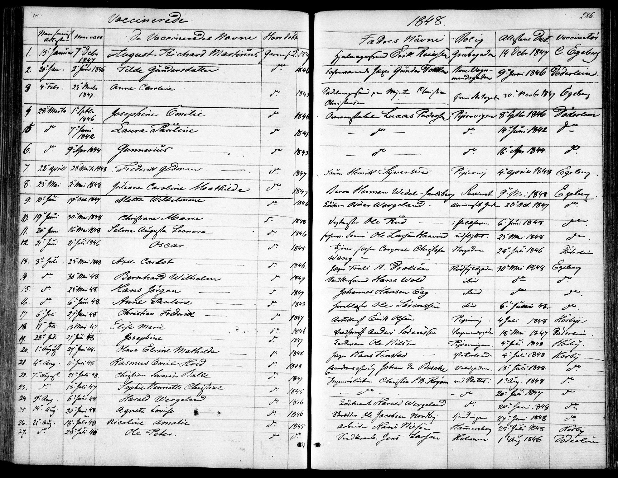 Garnisonsmenigheten Kirkebøker, SAO/A-10846/F/Fa/L0009: Parish register (official) no. 9, 1842-1859, p. 286