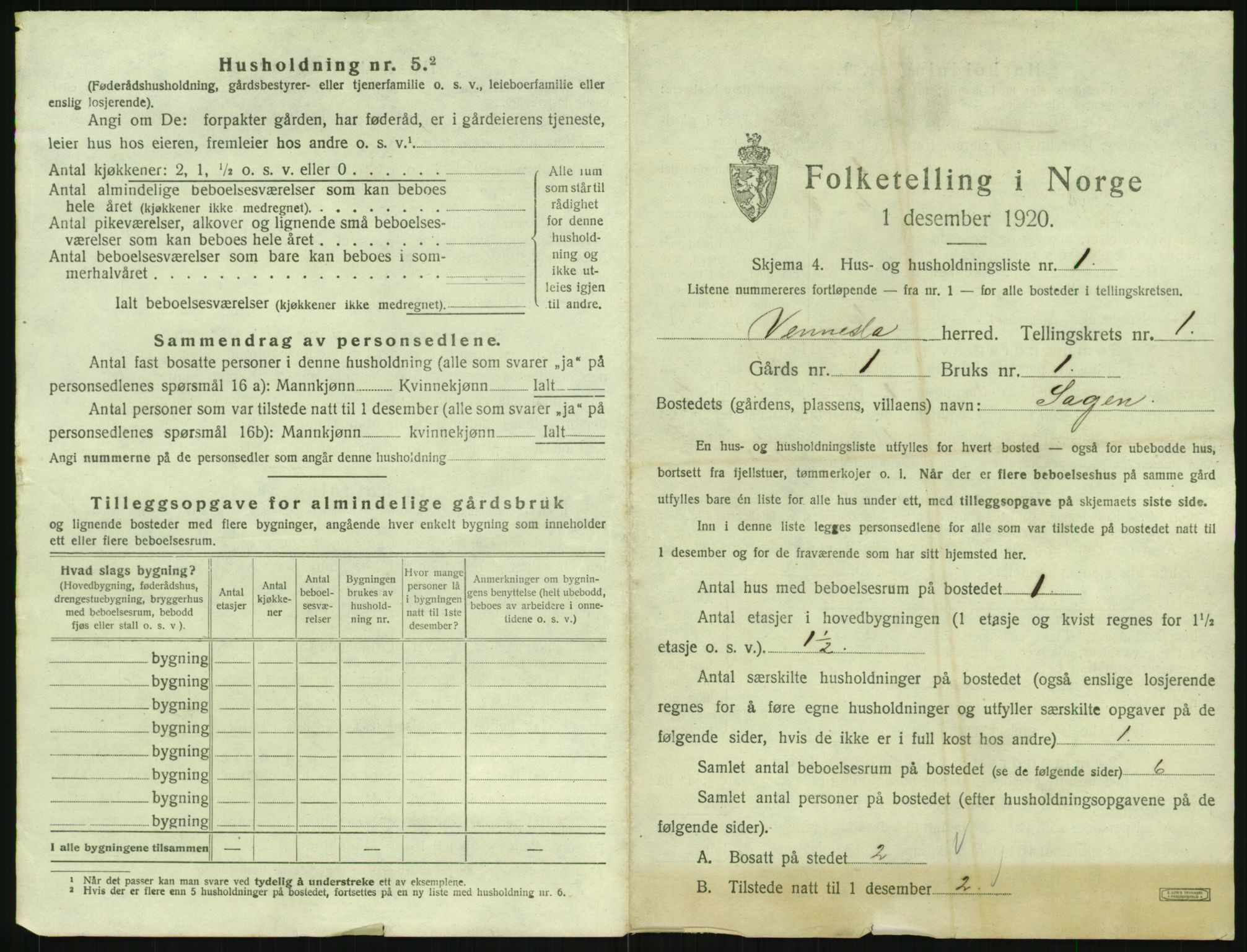 SAK, 1920 census for Vennesla, 1920, p. 44