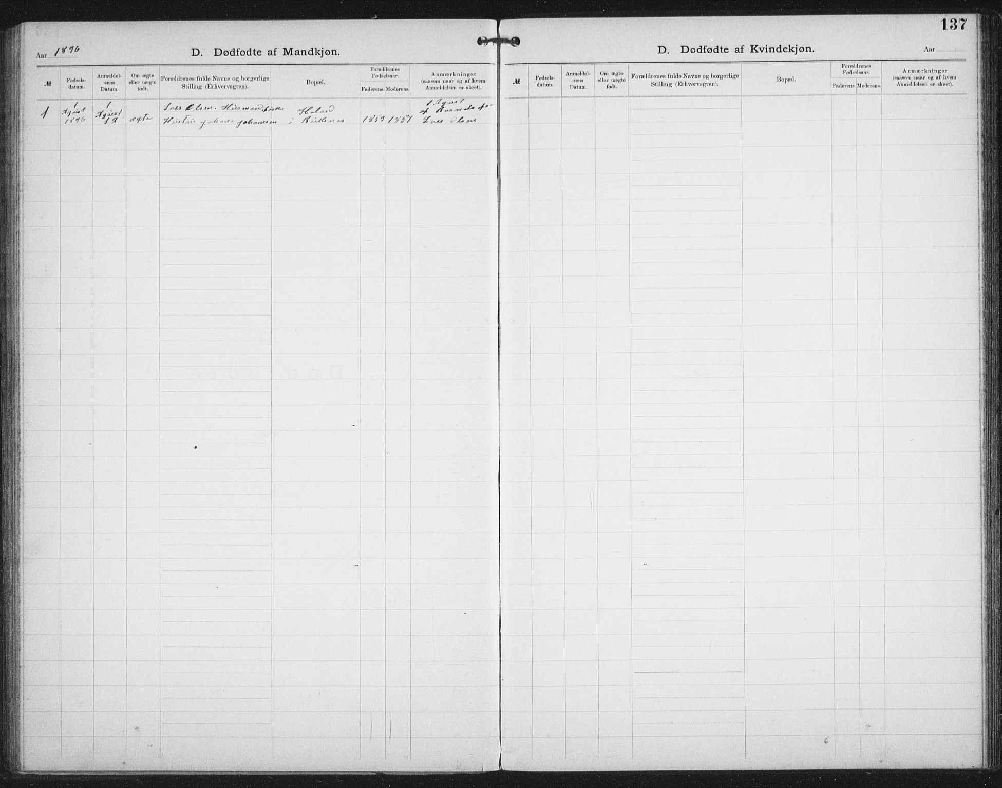 Ministerialprotokoller, klokkerbøker og fødselsregistre - Nordland, SAT/A-1459/881/L1174: Dissenter register no. 881D01, 1891-1933, p. 137