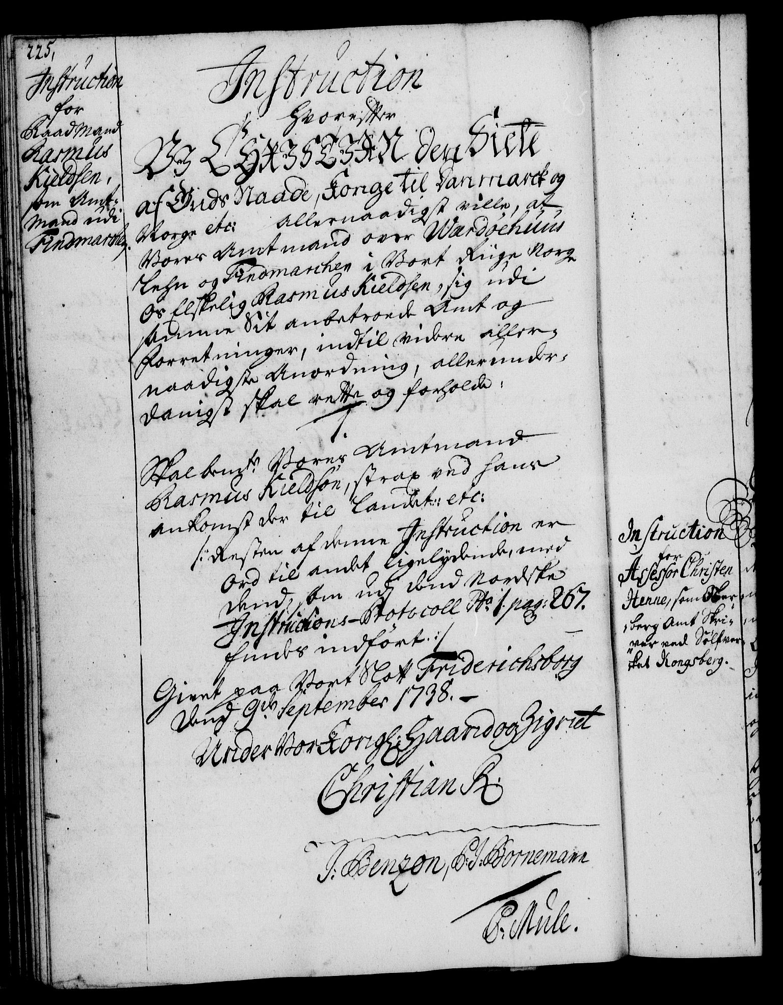 Rentekammeret, Kammerkanselliet, RA/EA-3111/G/Gg/Ggi/L0002: Norsk instruksjonsprotokoll med register (merket RK 53.35), 1729-1751, p. 225
