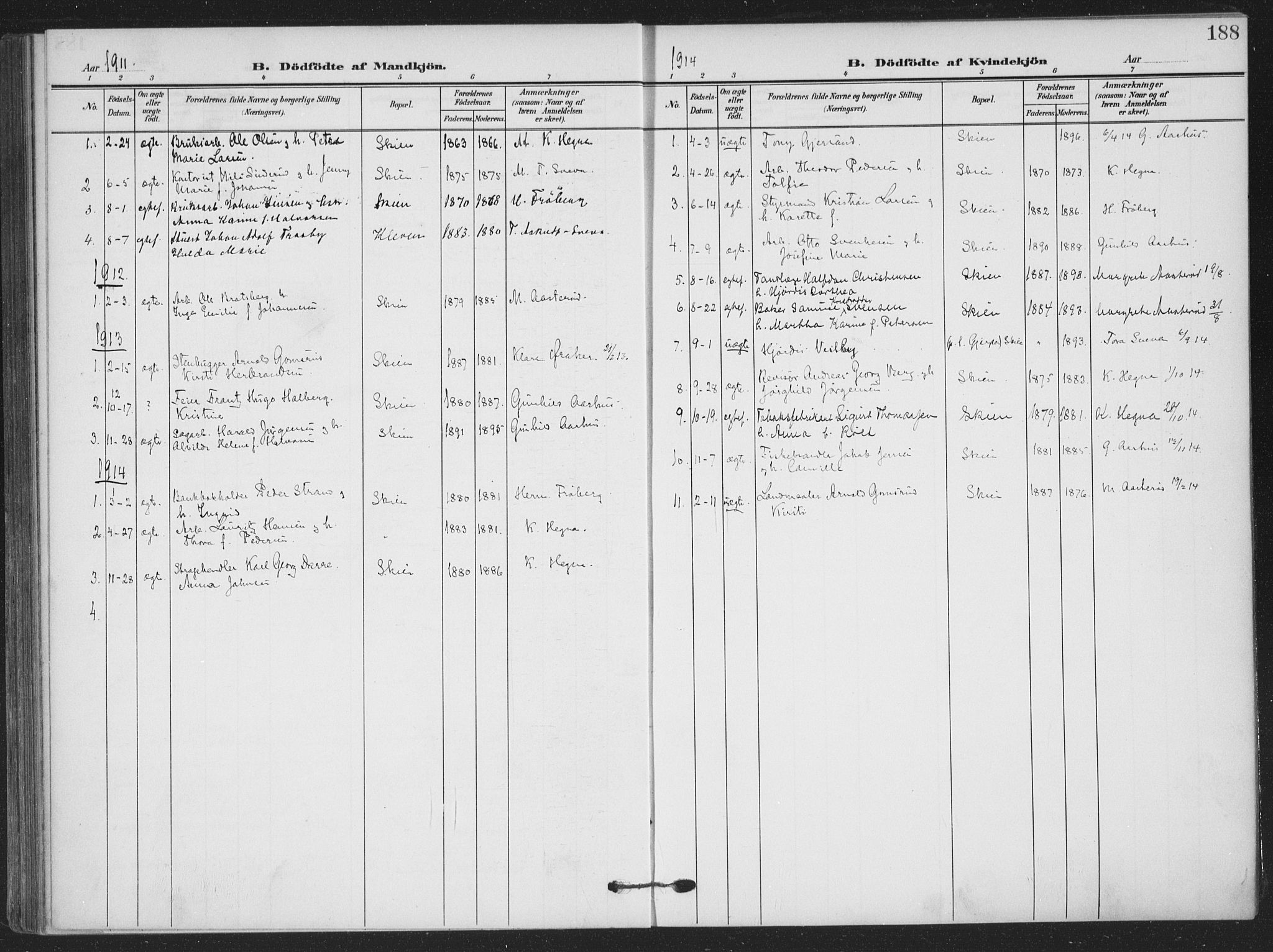 Skien kirkebøker, SAKO/A-302/F/Fa/L0012: Parish register (official) no. 12, 1908-1914, p. 188