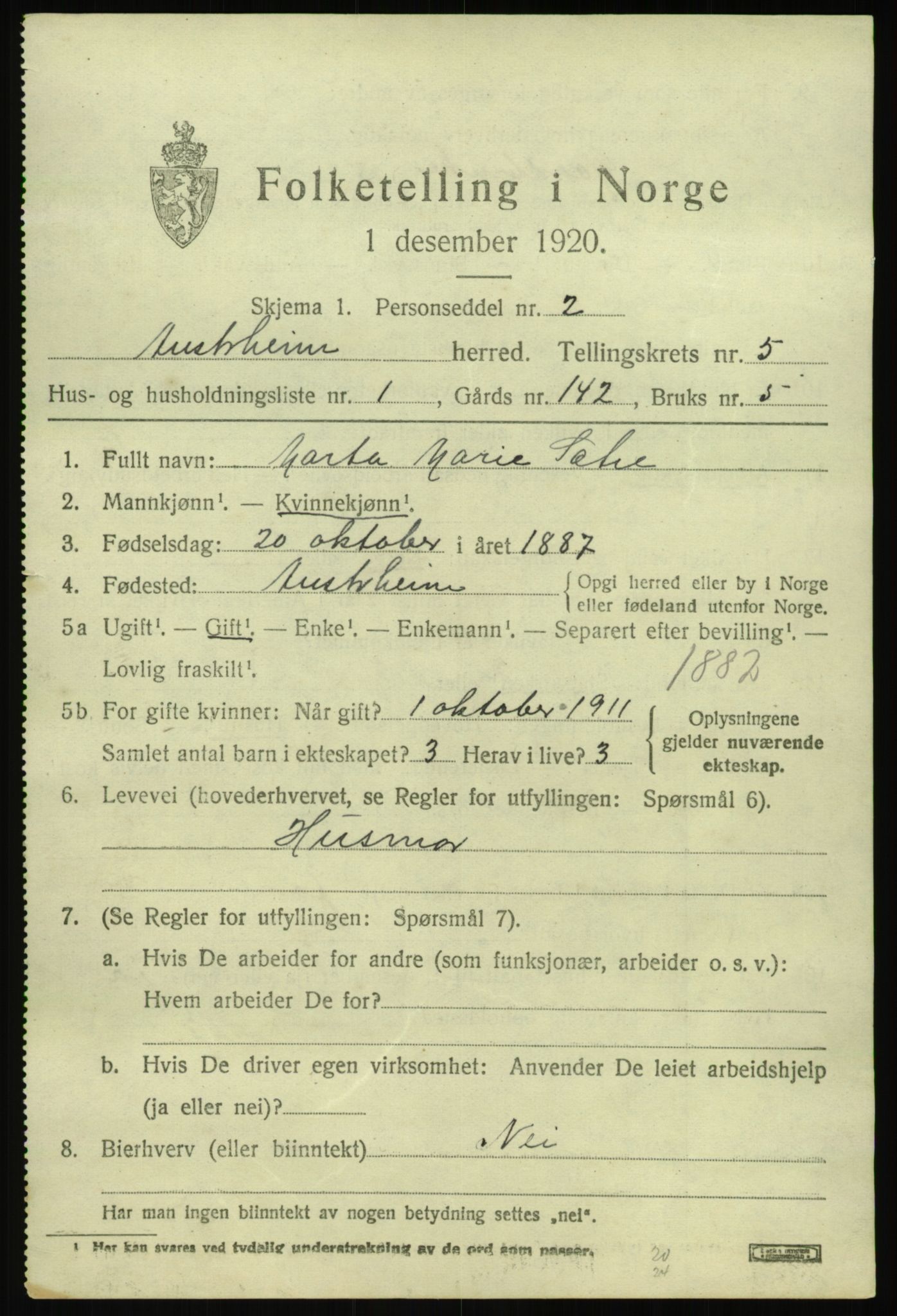 SAB, 1920 census for Austrheim, 1920, p. 2050