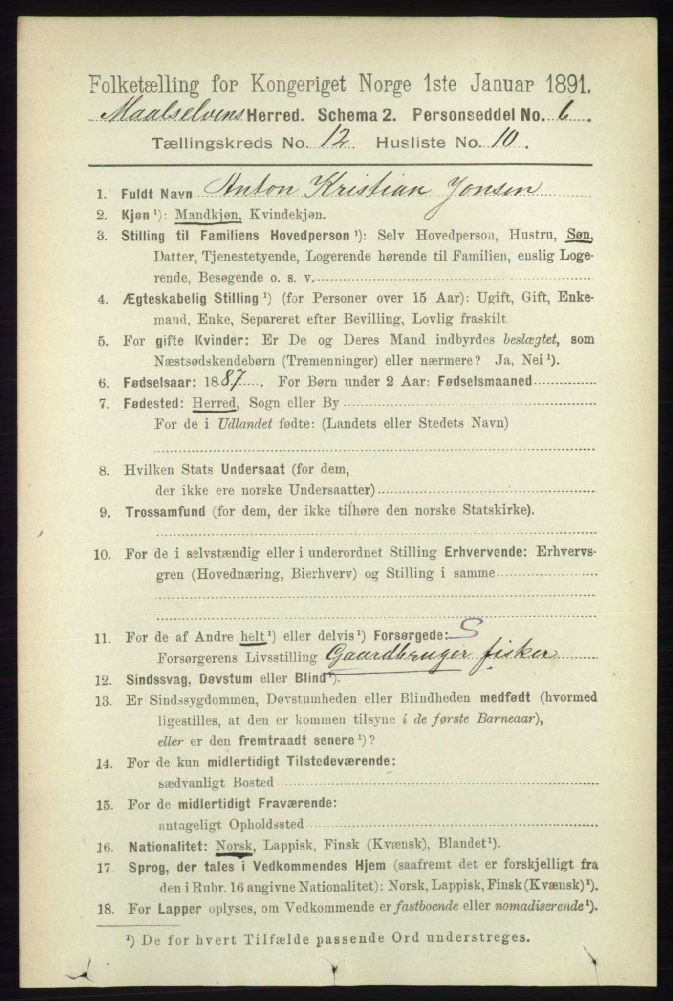 RA, 1891 census for 1924 Målselv, 1891, p. 3855