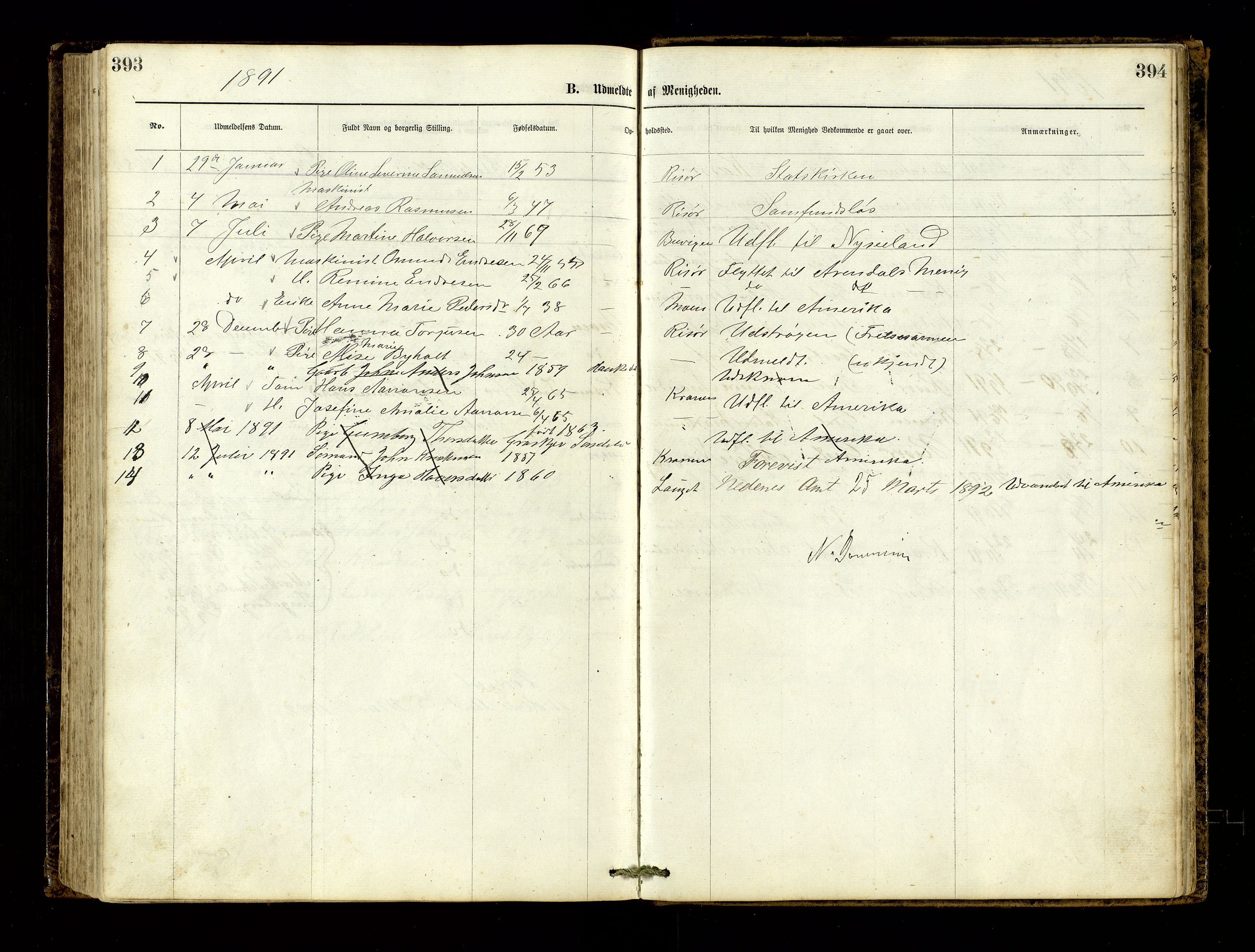 Den evangelisk-lutherske frimenighet, Risør, AV/SAK-1292-0007/F/Fa/L0001: Dissenter register no. F 17, 1877-1892, p. 393-394