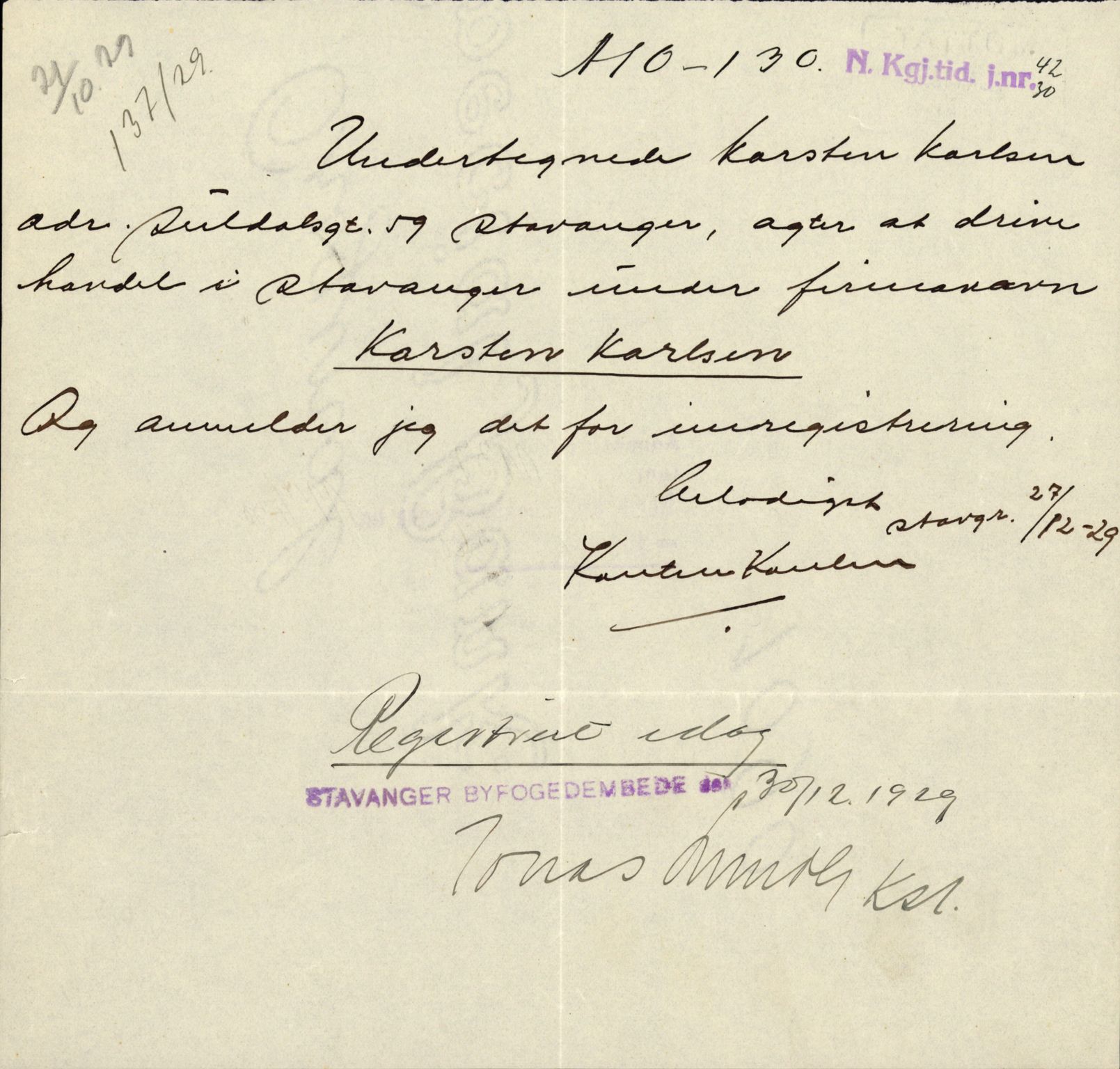 Stavanger byfogd, SAST/A-101408/002/J/Jd/Jde/L0004: Registreringsmeldinger og bilag. Enkeltmannsforetak, 1001-1350, 1891-1990, p. 243