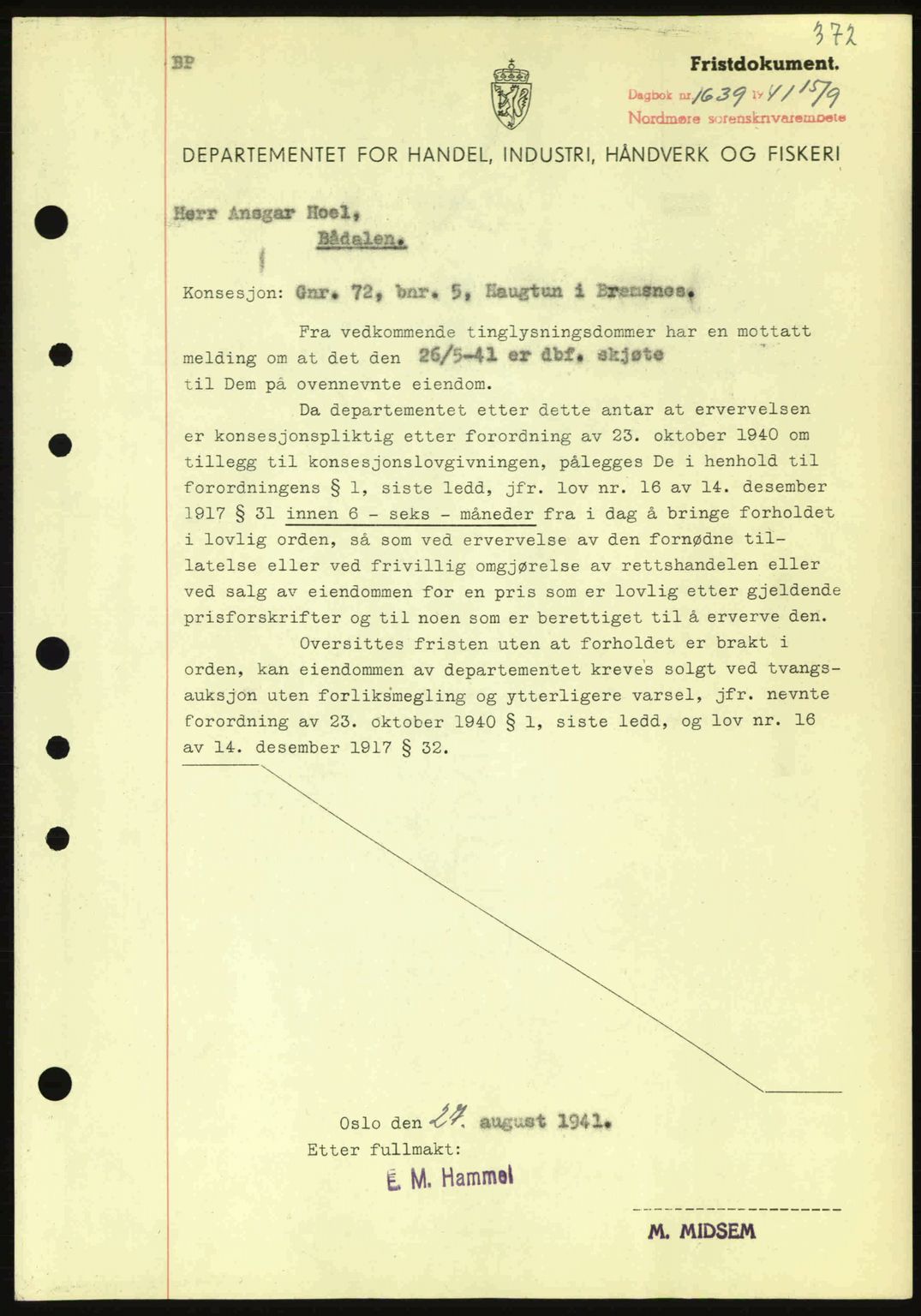 Nordmøre sorenskriveri, AV/SAT-A-4132/1/2/2Ca: Mortgage book no. B88, 1941-1942, Diary no: : 1639/1941