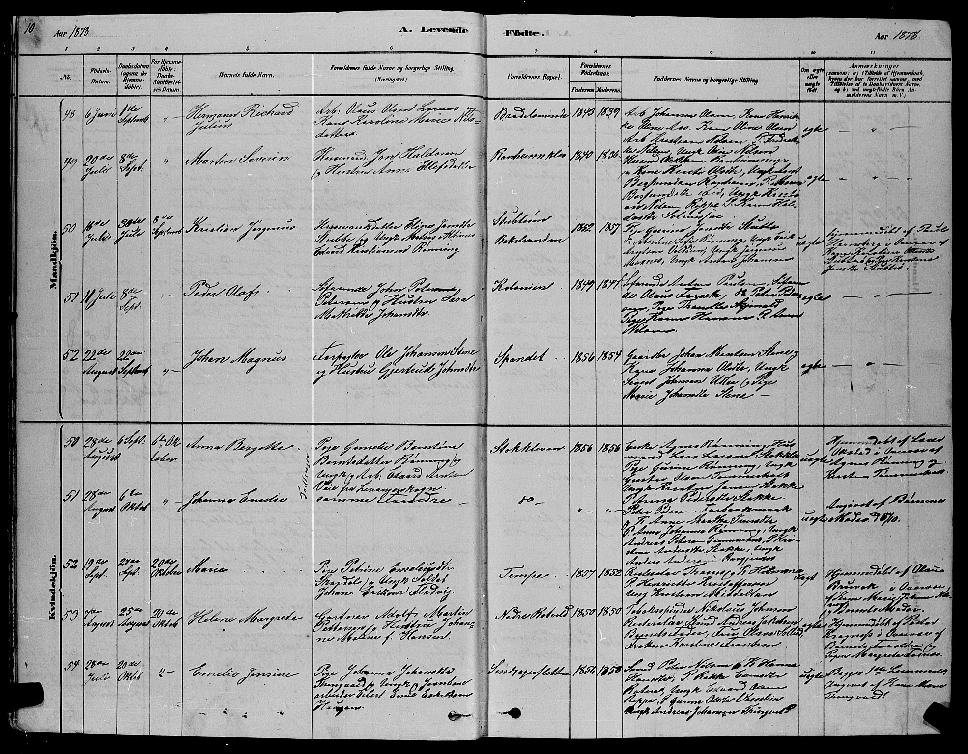 Ministerialprotokoller, klokkerbøker og fødselsregistre - Sør-Trøndelag, AV/SAT-A-1456/606/L0312: Parish register (copy) no. 606C08, 1878-1894, p. 10