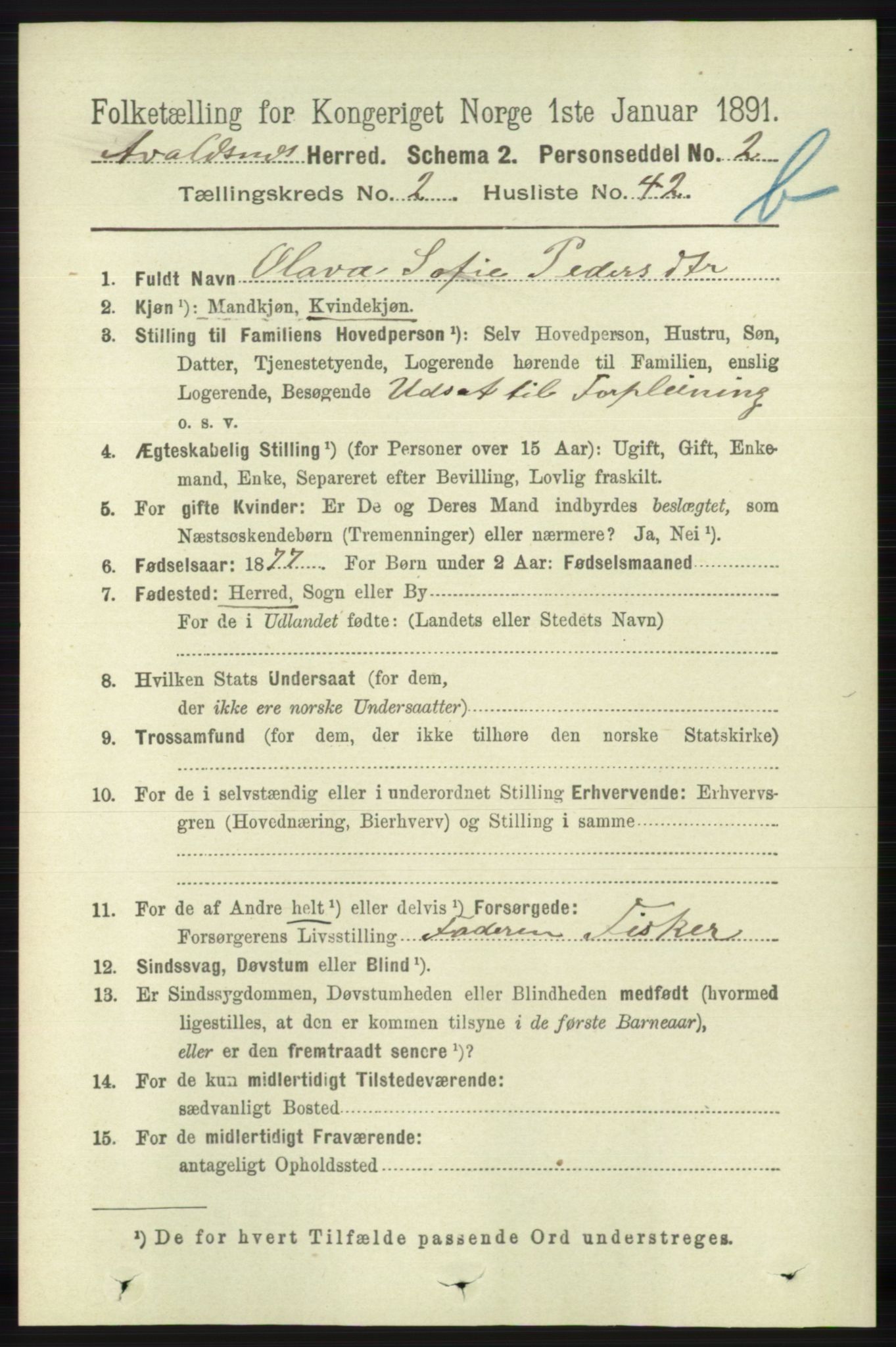 RA, 1891 census for 1147 Avaldsnes, 1891, p. 2209