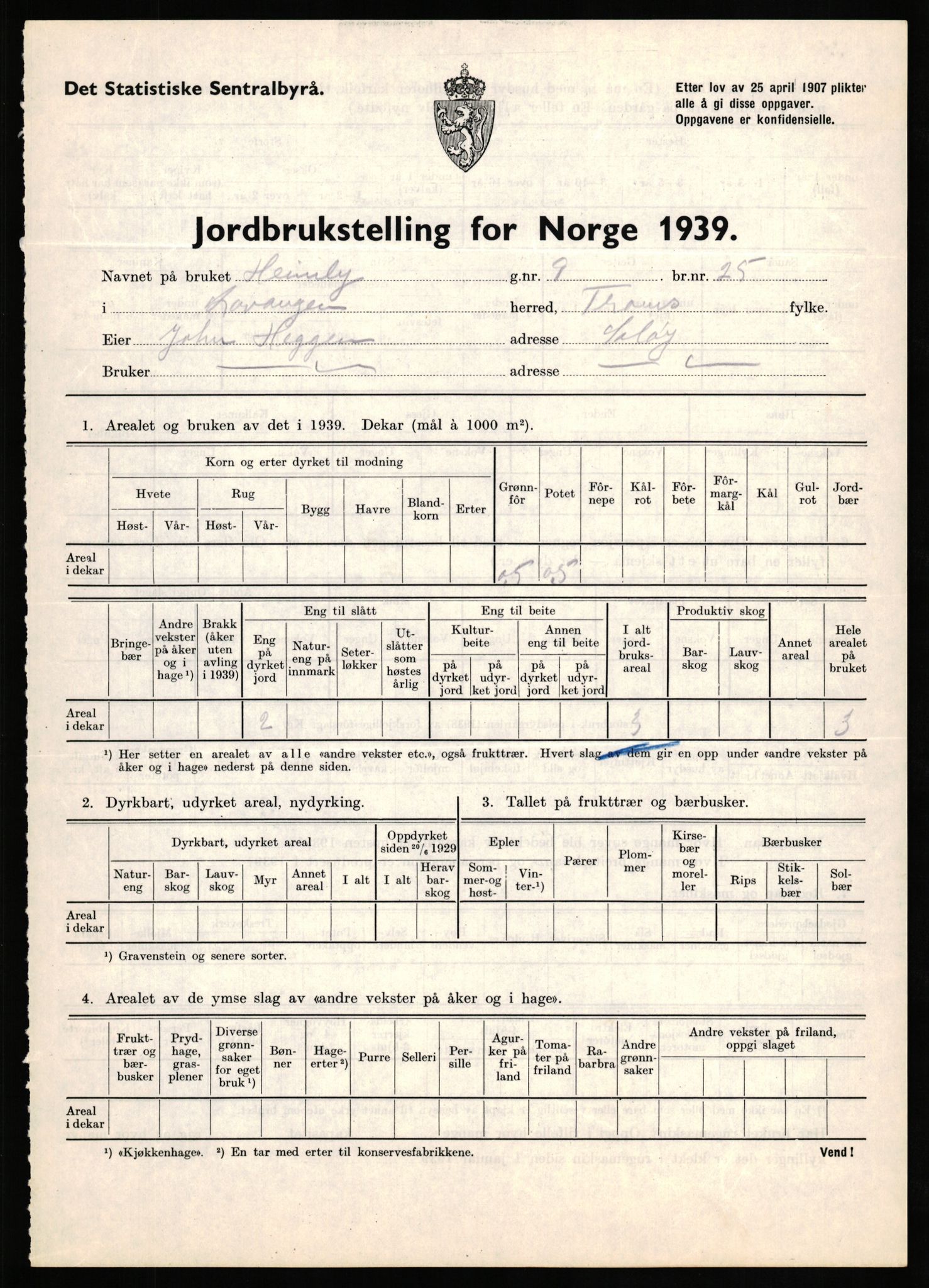 Statistisk sentralbyrå, Næringsøkonomiske emner, Jordbruk, skogbruk, jakt, fiske og fangst, AV/RA-S-2234/G/Gb/L0339: Troms: Andørja, Astafjord og Lavangen, 1939, p. 869