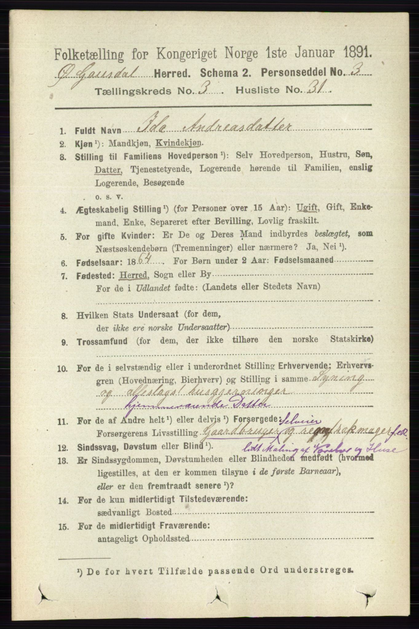 RA, 1891 census for 0522 Østre Gausdal, 1891, p. 1926