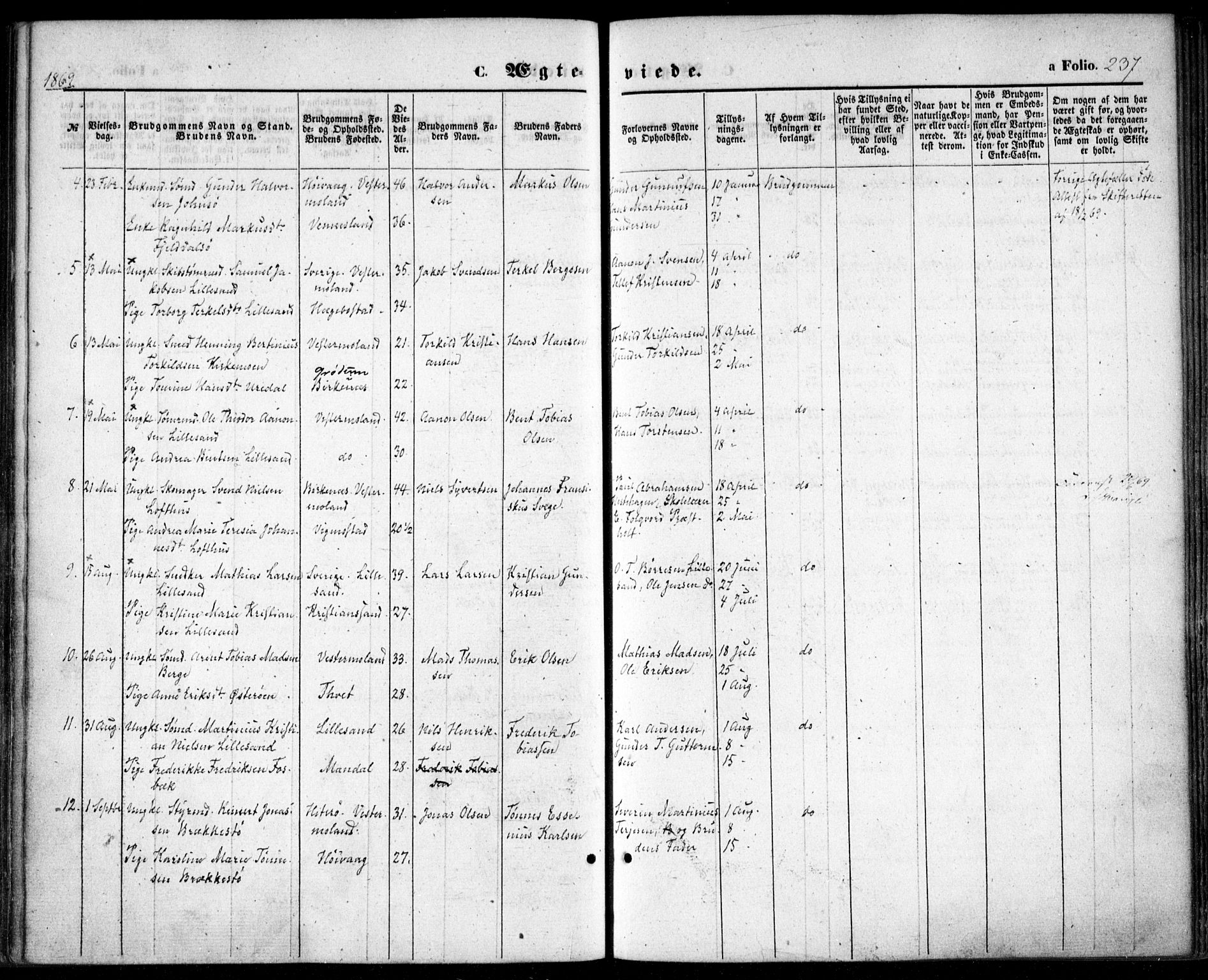 Vestre Moland sokneprestkontor, AV/SAK-1111-0046/F/Fa/Fab/L0007: Parish register (official) no. A 7, 1859-1872, p. 237