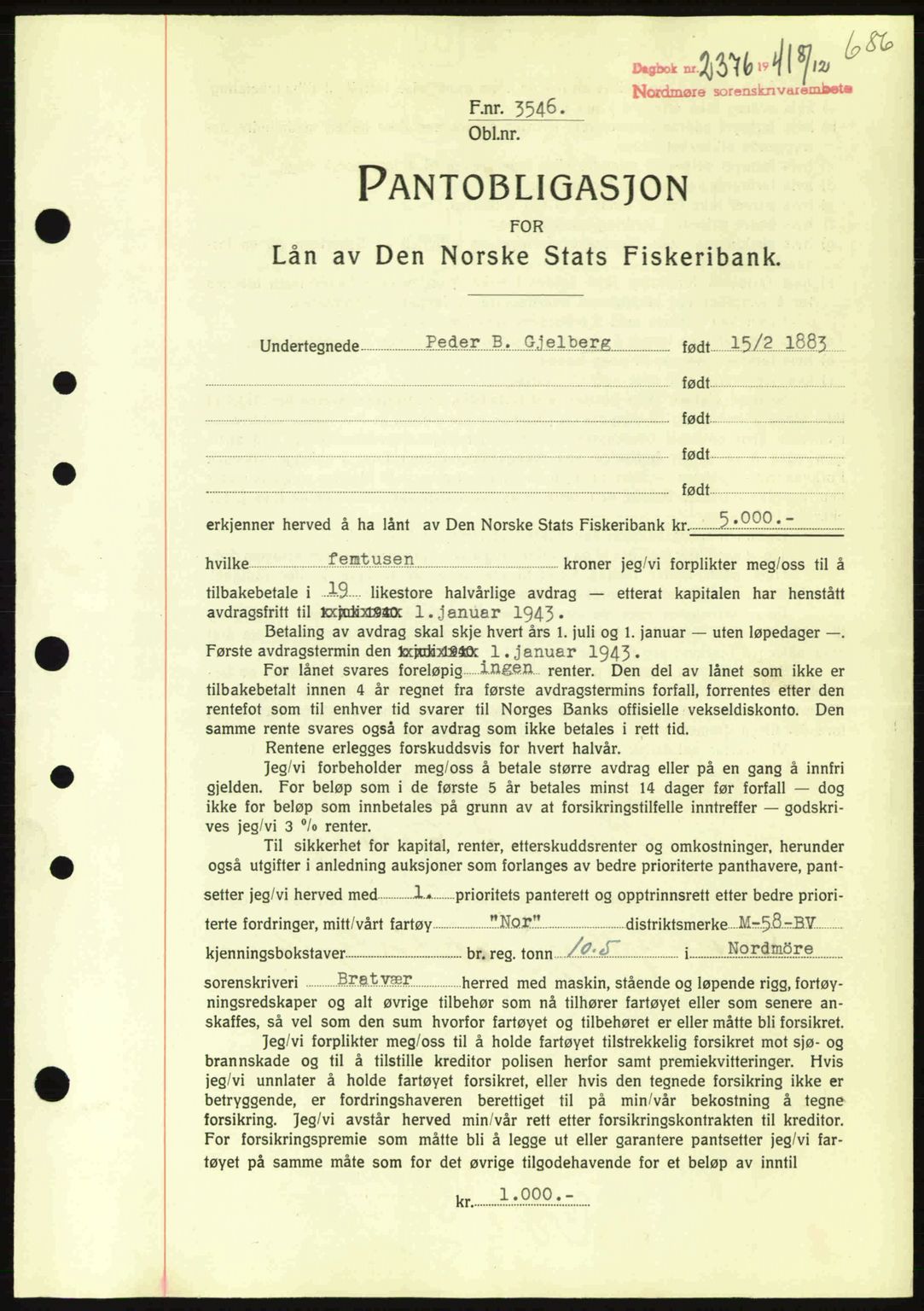 Nordmøre sorenskriveri, AV/SAT-A-4132/1/2/2Ca: Mortgage book no. B88, 1941-1942, Diary no: : 2376/1941