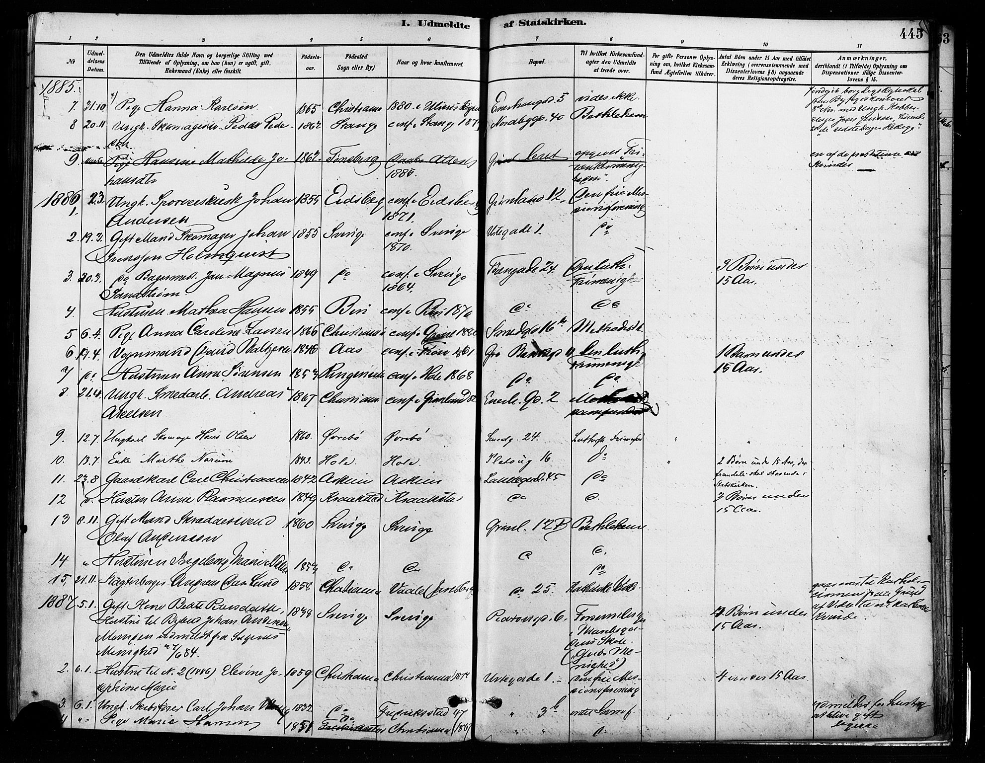 Grønland prestekontor Kirkebøker, AV/SAO-A-10848/F/Fa/L0008: Parish register (official) no. 8, 1881-1893, p. 445