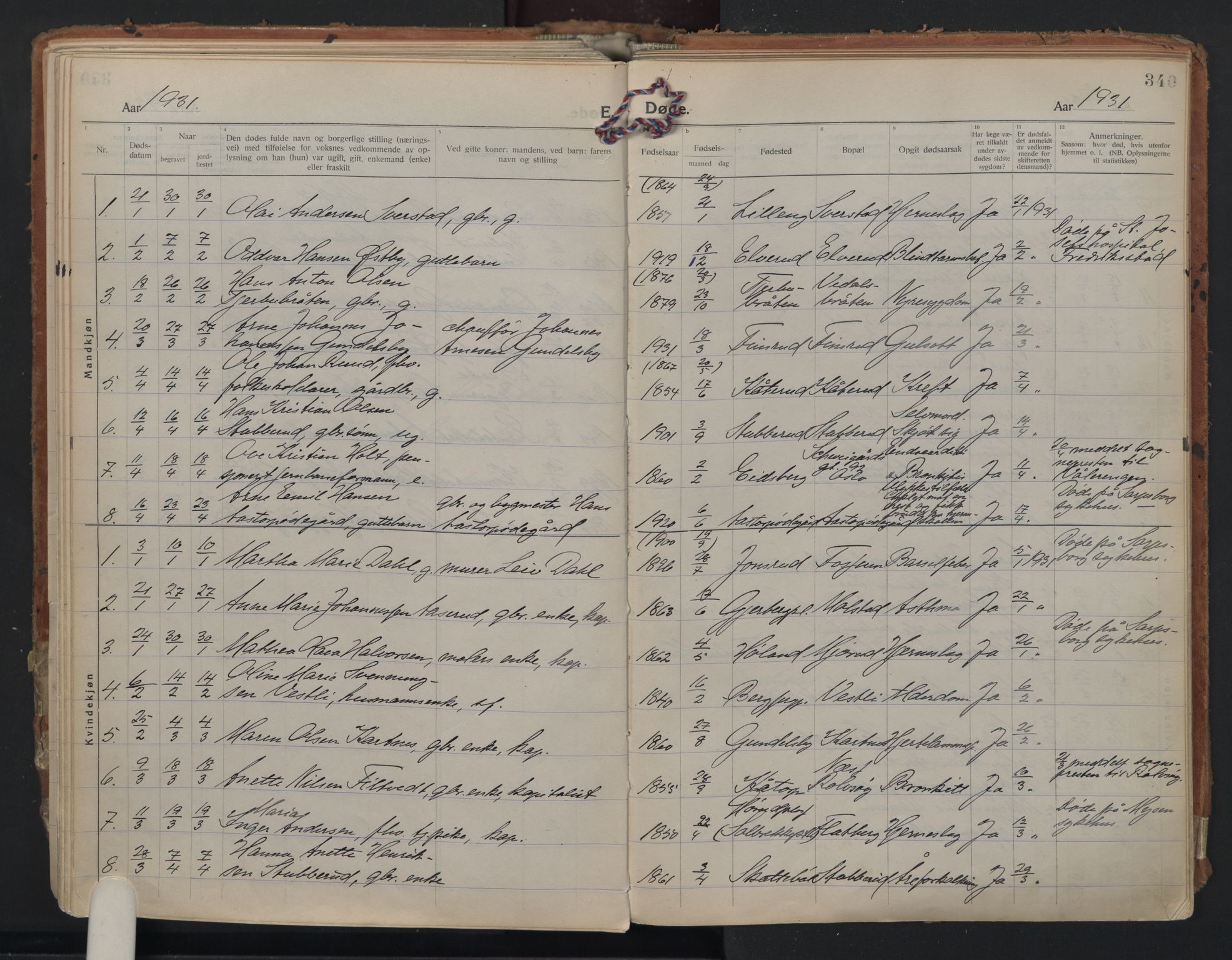 Rakkestad prestekontor Kirkebøker, AV/SAO-A-2008/F/Fa/L0016: Parish register (official) no. I 16, 1922-1943, p. 340