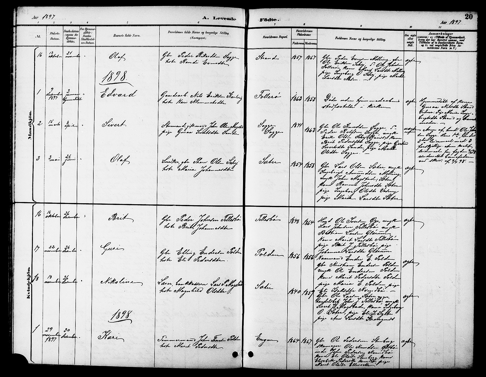 Ministerialprotokoller, klokkerbøker og fødselsregistre - Møre og Romsdal, AV/SAT-A-1454/596/L1058: Parish register (copy) no. 596C01, 1891-1907, p. 20