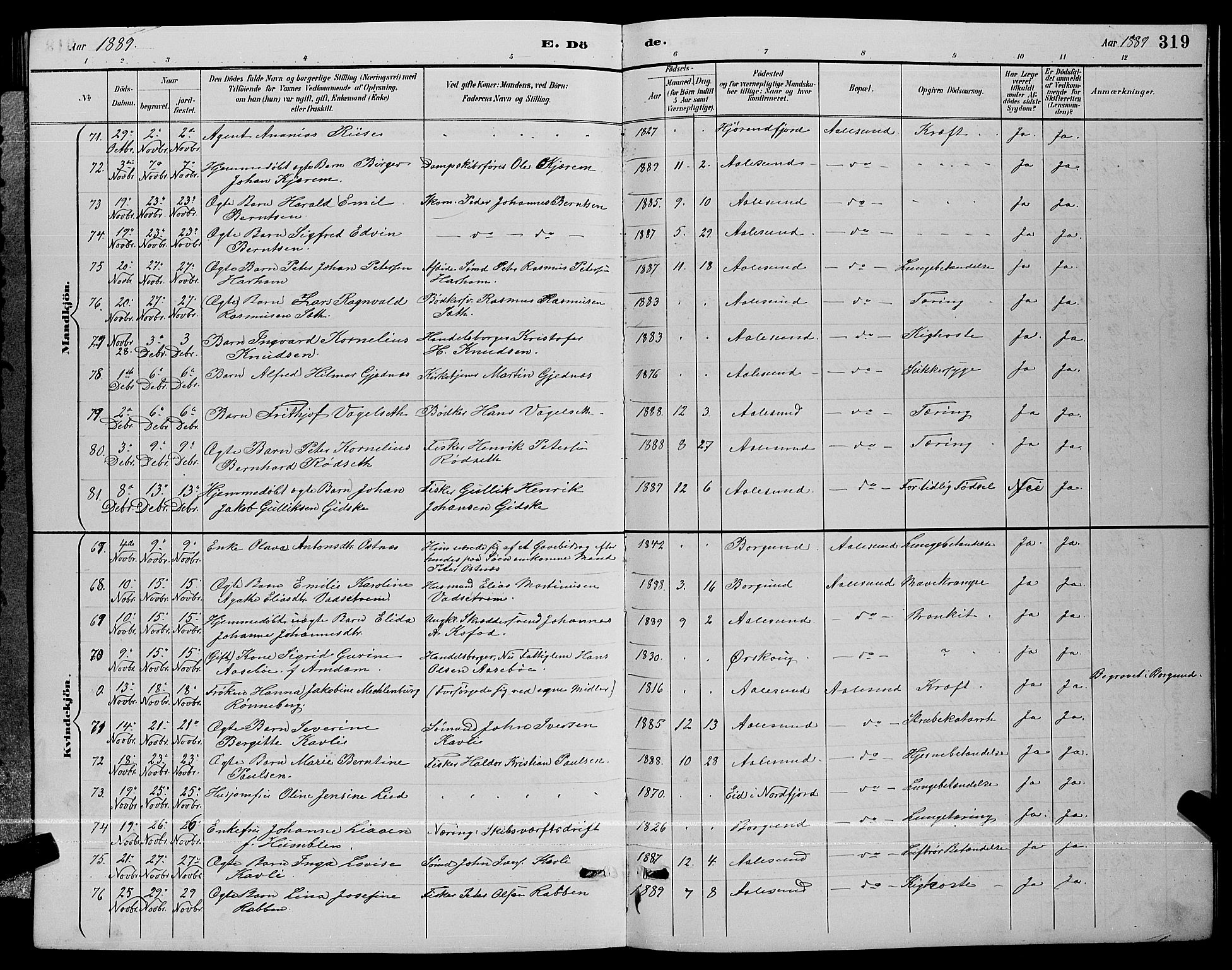 Ministerialprotokoller, klokkerbøker og fødselsregistre - Møre og Romsdal, AV/SAT-A-1454/529/L0467: Parish register (copy) no. 529C04, 1889-1897, p. 319