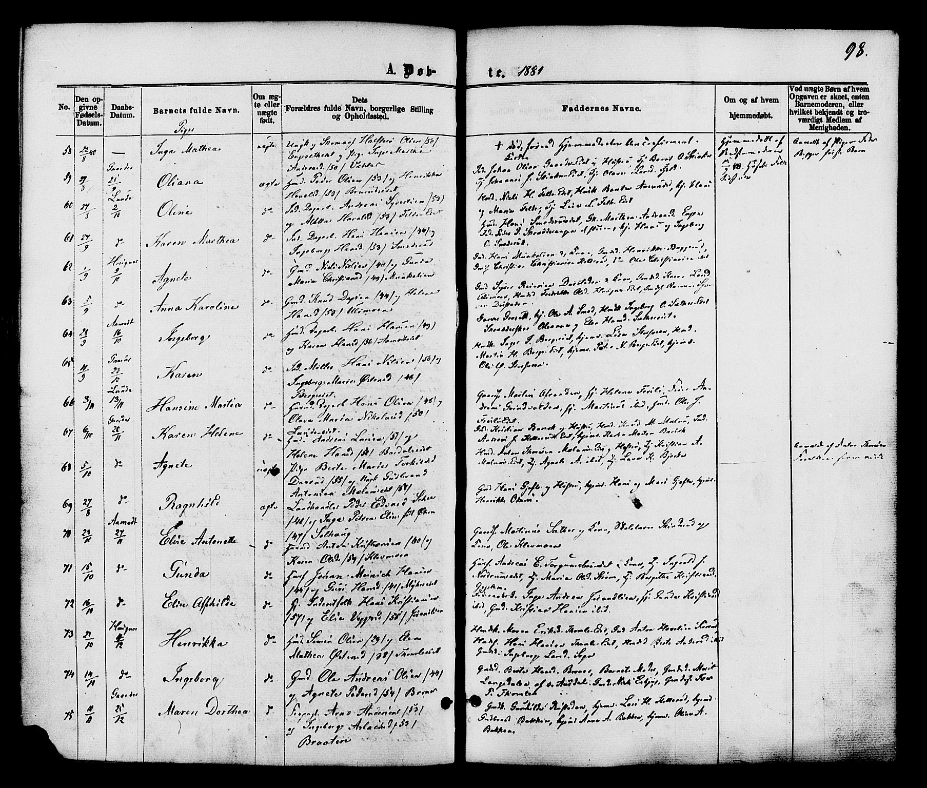 Nordre Land prestekontor, AV/SAH-PREST-124/H/Ha/Haa/L0002: Parish register (official) no. 2, 1872-1881, p. 98