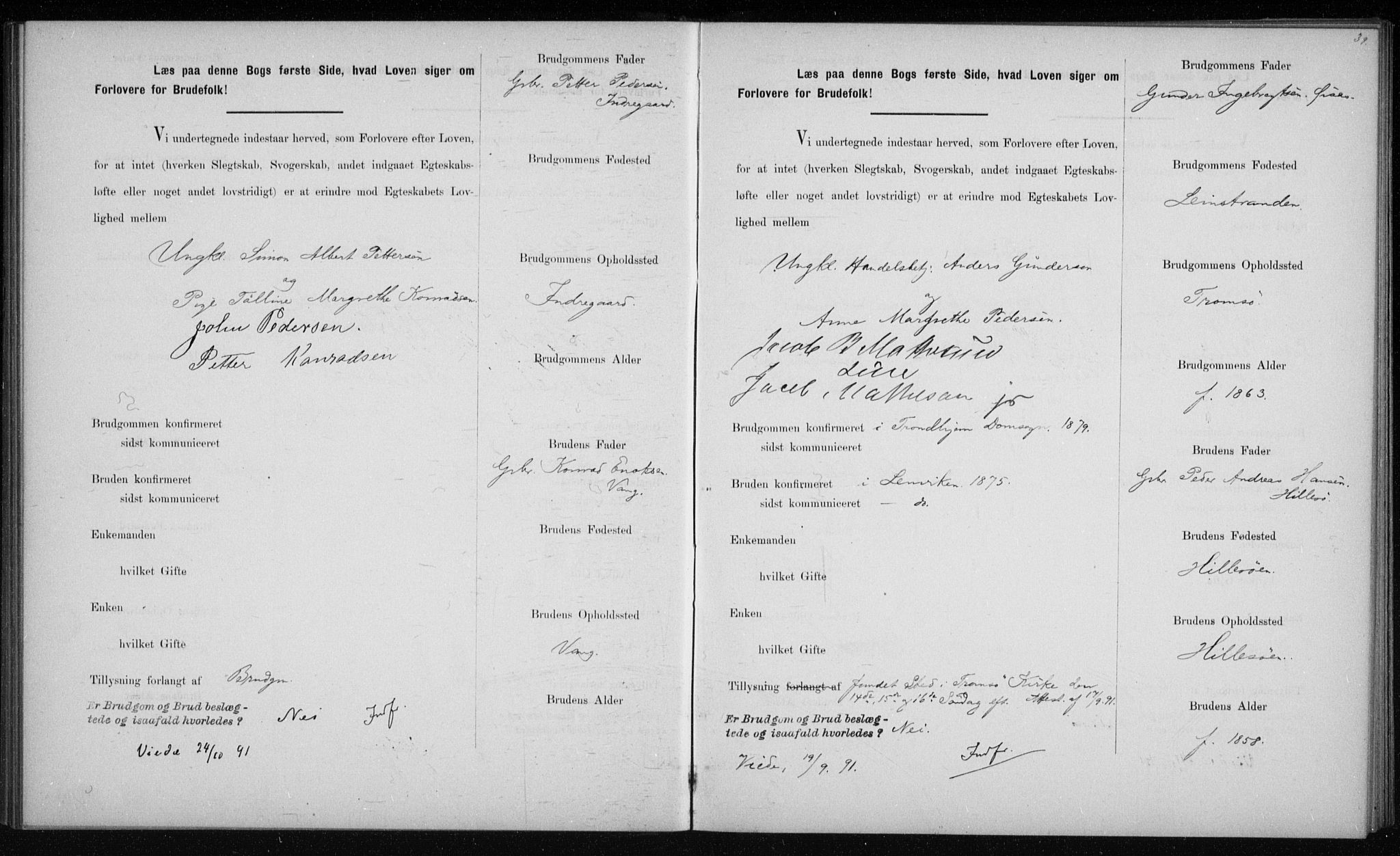 Lenvik sokneprestembete, SATØ/S-1310/I/Ie/L0129: Banns register no. 129, 1890-1895, p. 39