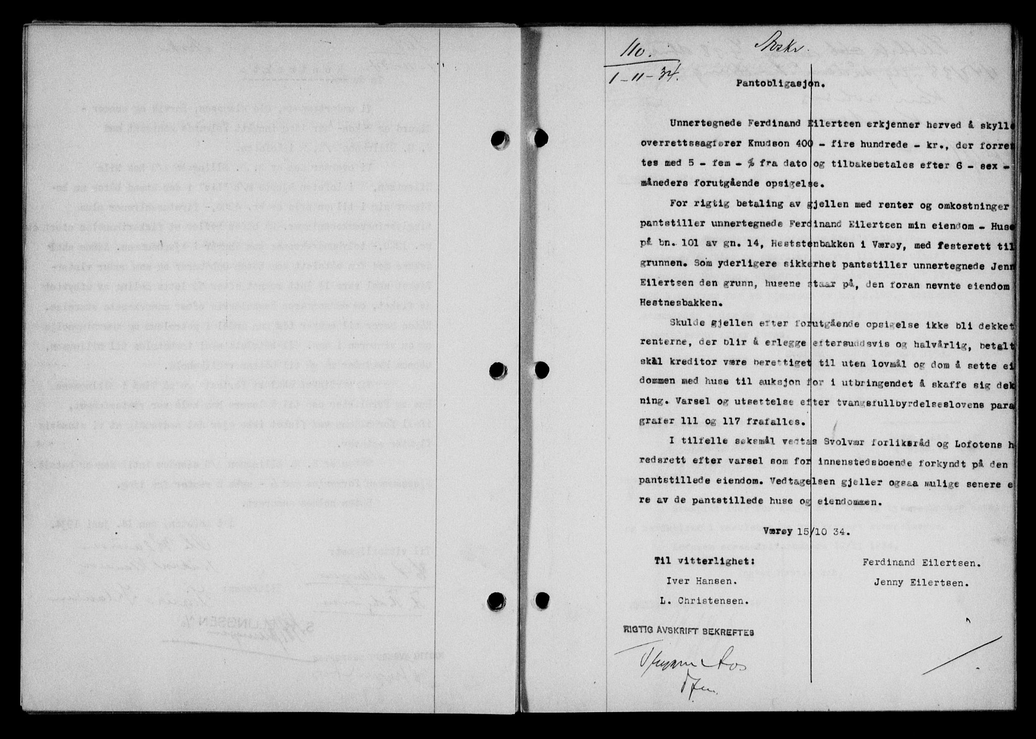Lofoten sorenskriveri, SAT/A-0017/1/2/2C/L0030b: Mortgage book no. 30b, 1934-1934, Deed date: 01.11.1934