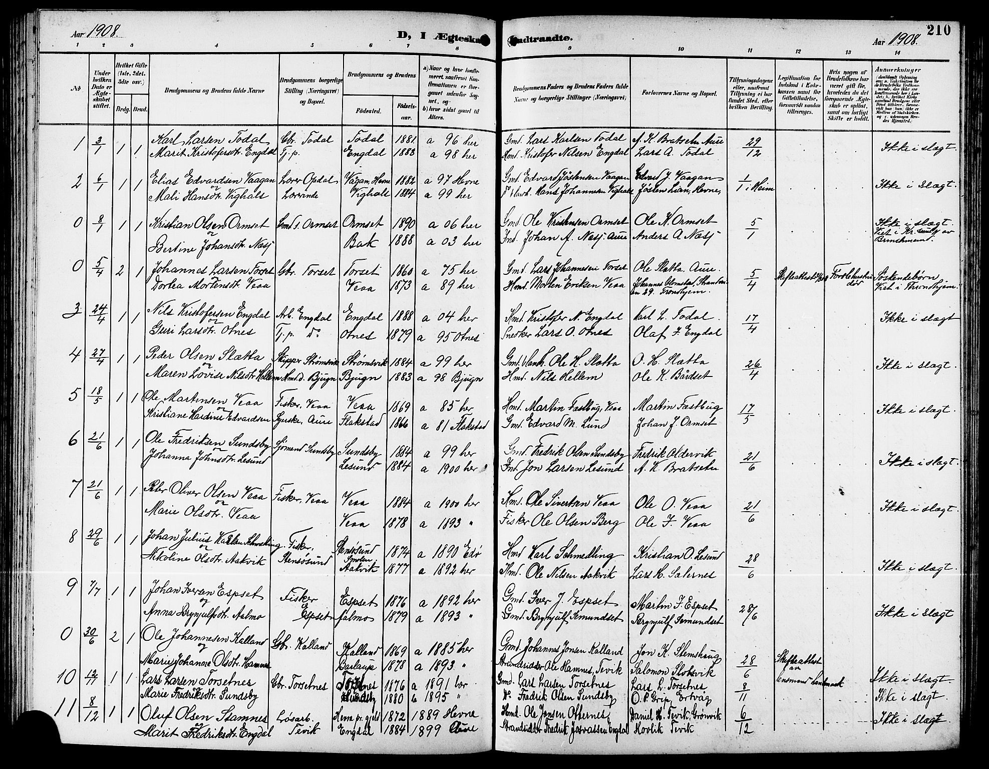 Ministerialprotokoller, klokkerbøker og fødselsregistre - Møre og Romsdal, AV/SAT-A-1454/578/L0910: Parish register (copy) no. 578C03, 1900-1921, p. 210