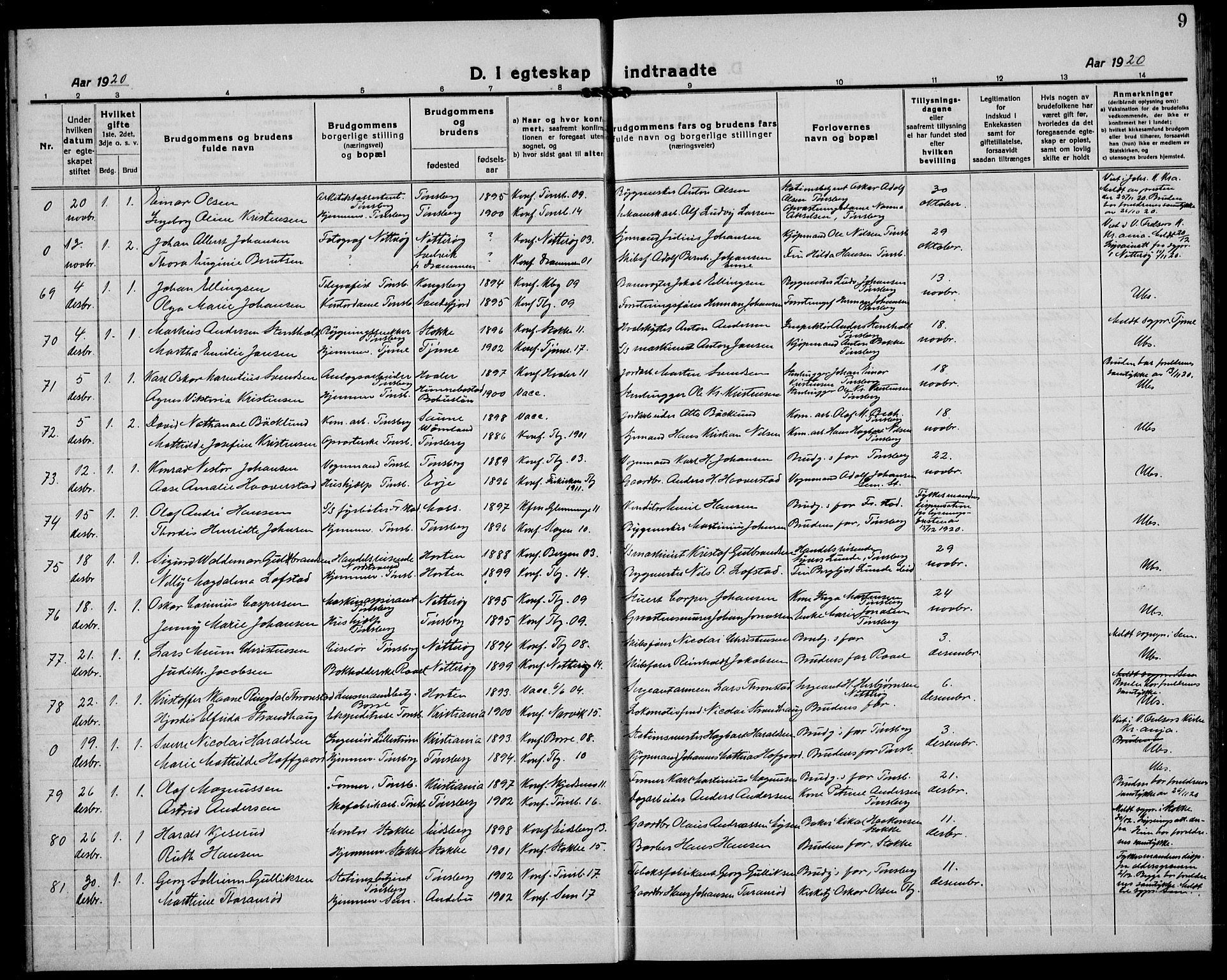 Tønsberg kirkebøker, AV/SAKO-A-330/G/Ga/L0016: Parish register (copy) no. 16, 1920-1933, p. 9