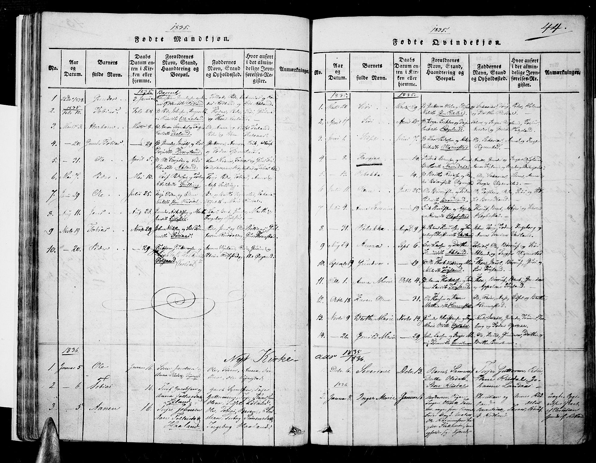 Nord-Audnedal sokneprestkontor, SAK/1111-0032/F/Fa/Fab/L0001: Parish register (official) no. A 1, 1816-1858, p. 44