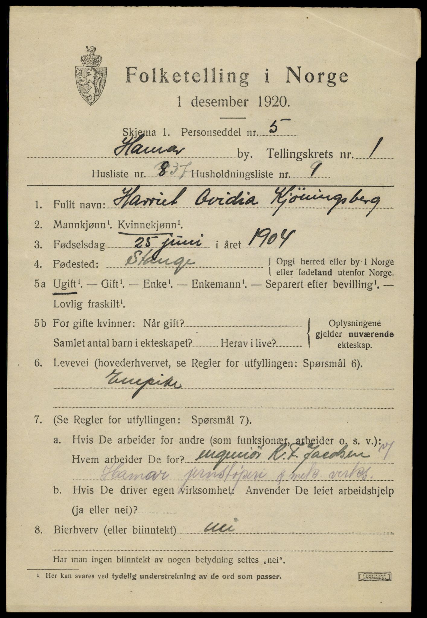 SAH, 1920 census for Hamar, 1920, p. 5129