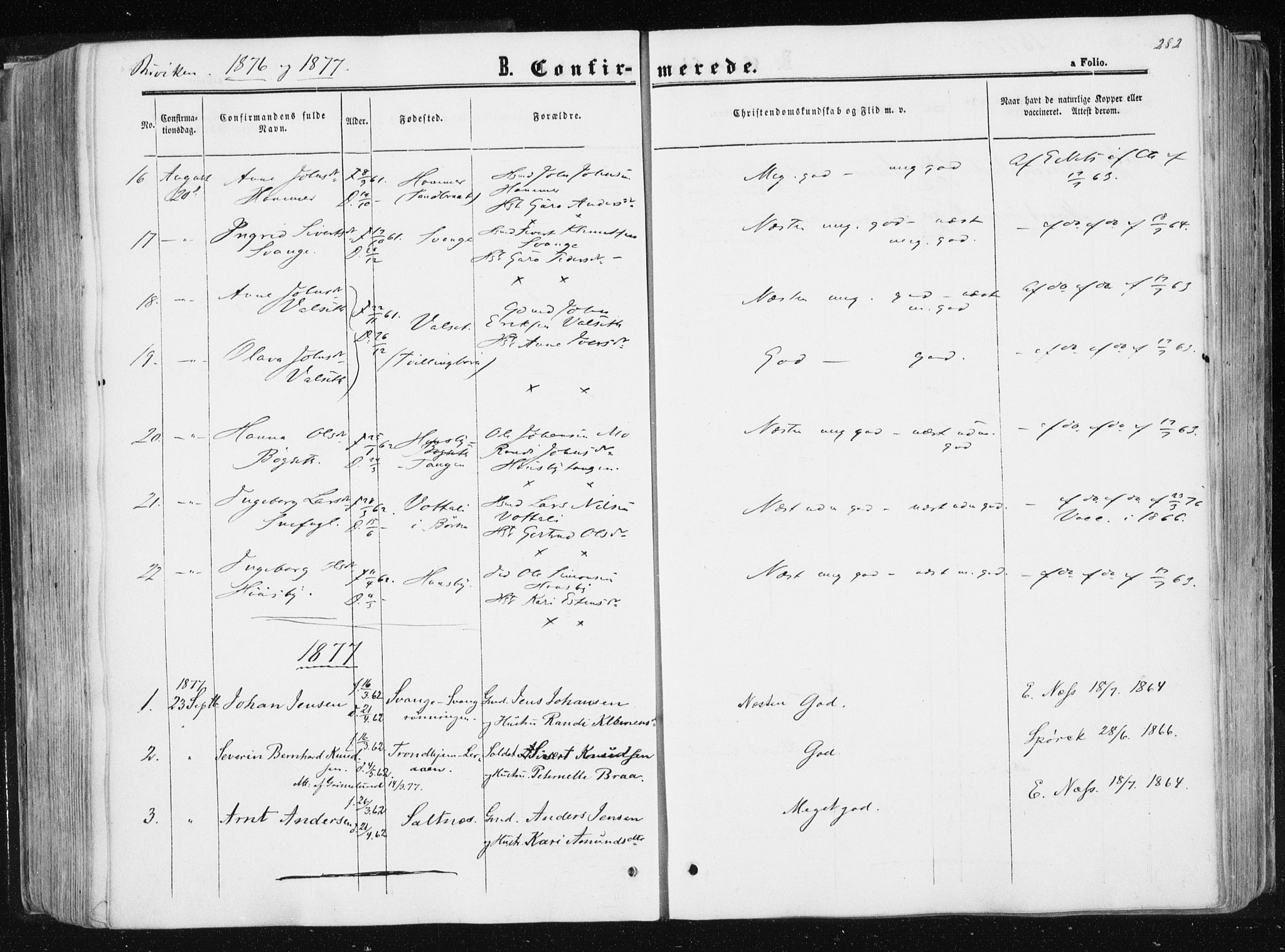 Ministerialprotokoller, klokkerbøker og fødselsregistre - Sør-Trøndelag, AV/SAT-A-1456/612/L0377: Parish register (official) no. 612A09, 1859-1877, p. 282