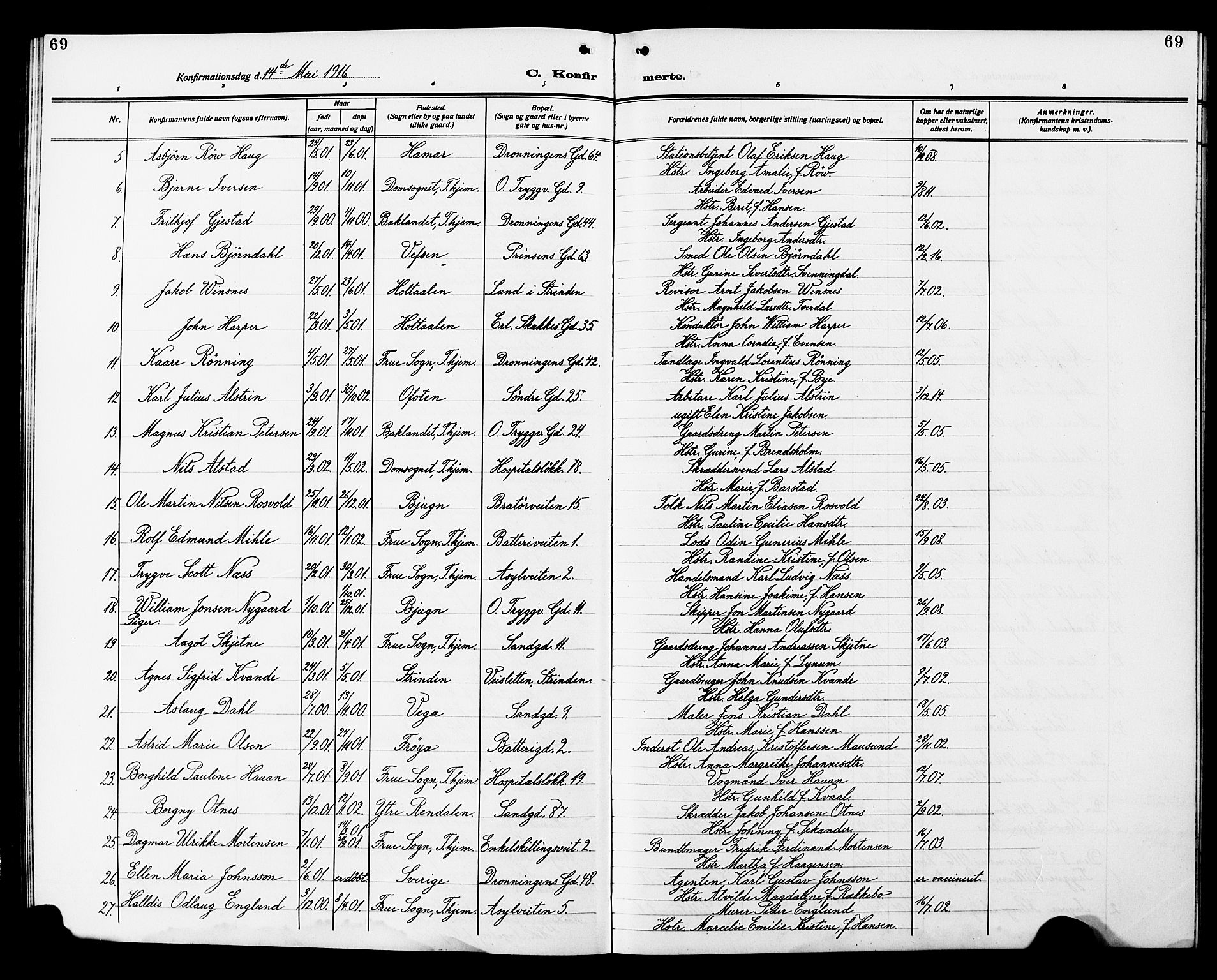 Ministerialprotokoller, klokkerbøker og fødselsregistre - Sør-Trøndelag, SAT/A-1456/602/L0147: Parish register (copy) no. 602C15, 1911-1924, p. 69