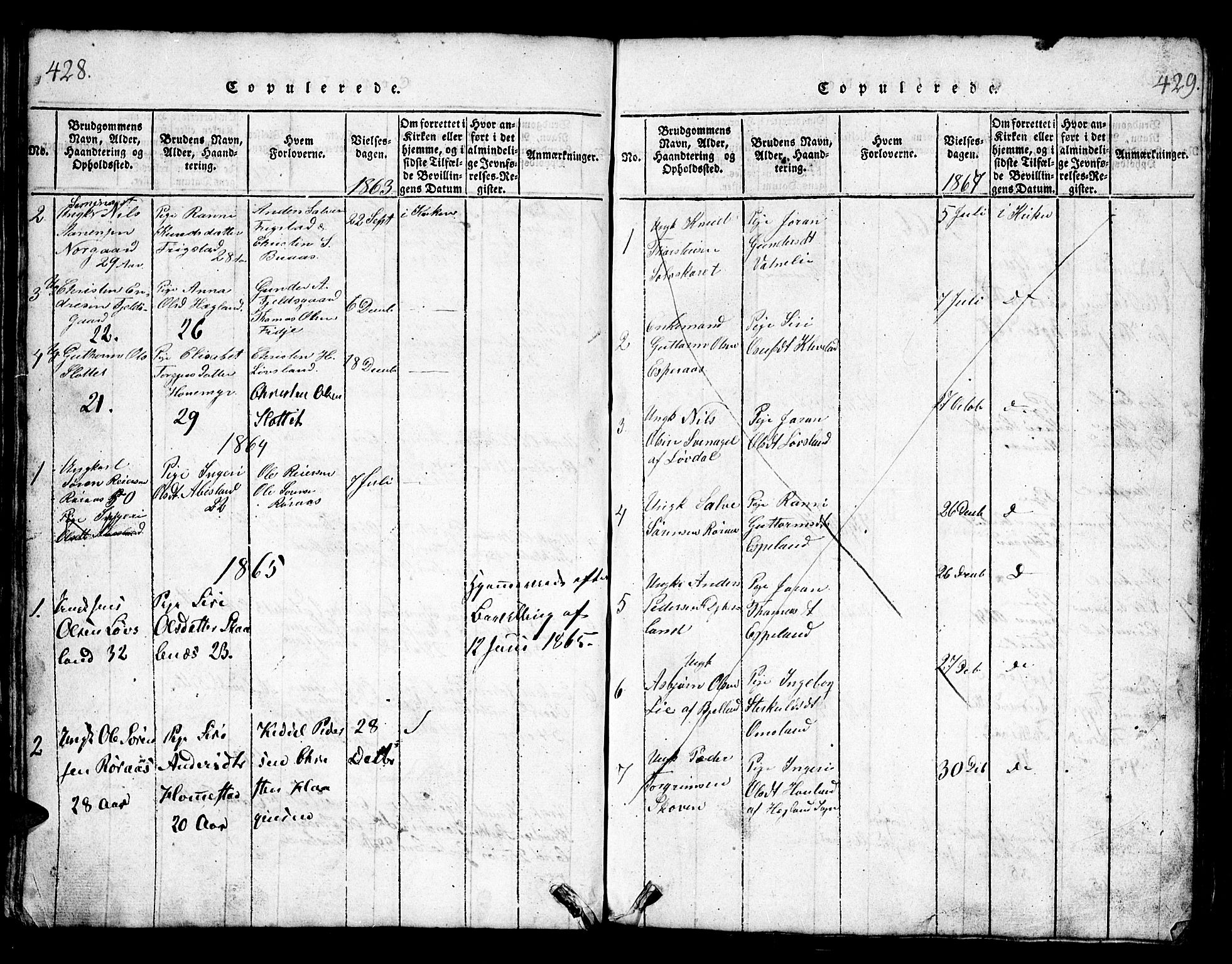 Bjelland sokneprestkontor, SAK/1111-0005/F/Fb/Fbb/L0003: Parish register (copy) no. B 3, 1816-1868, p. 428-429