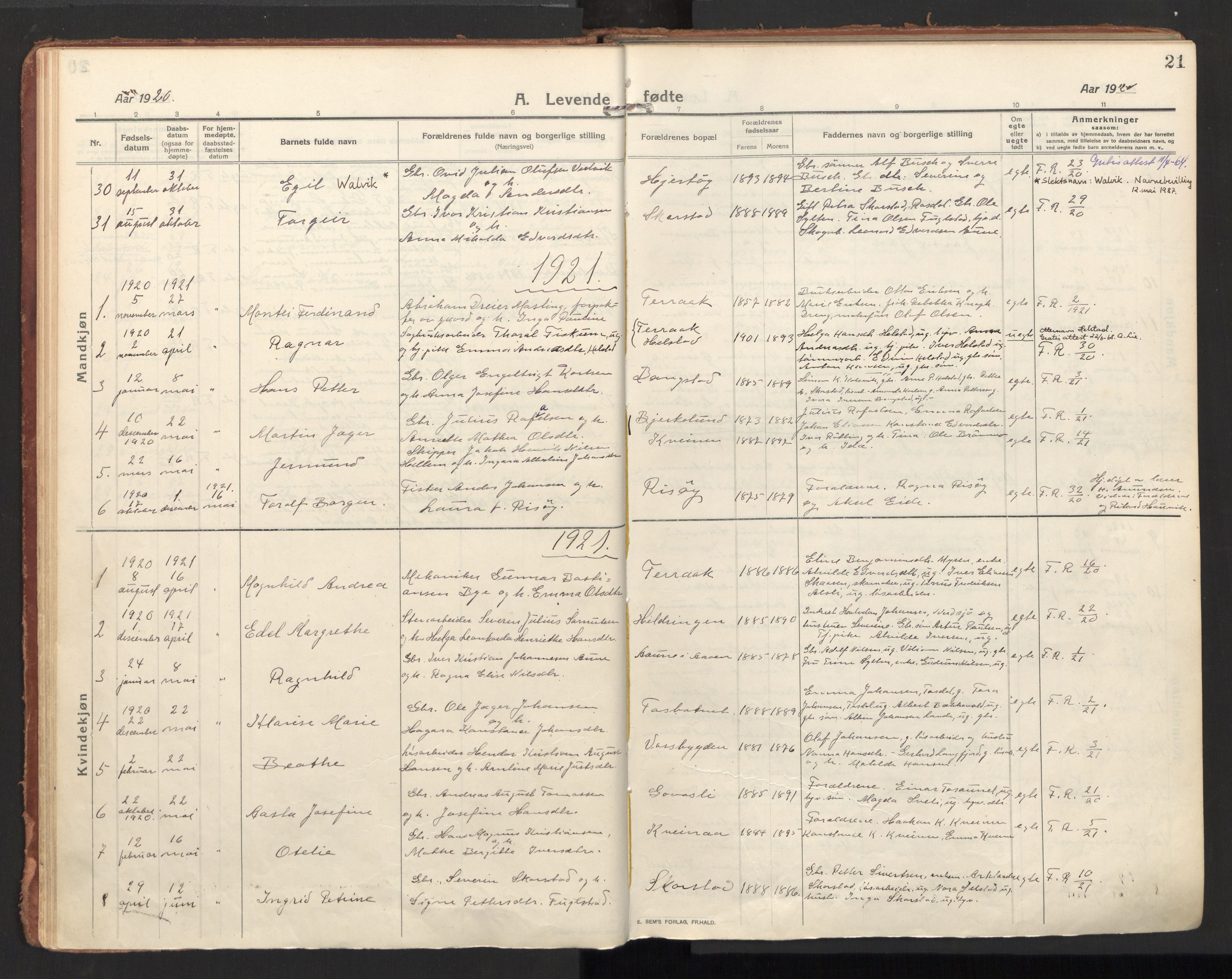 Ministerialprotokoller, klokkerbøker og fødselsregistre - Nordland, SAT/A-1459/810/L0156: Parish register (official) no. 810A15, 1915-1930, p. 21