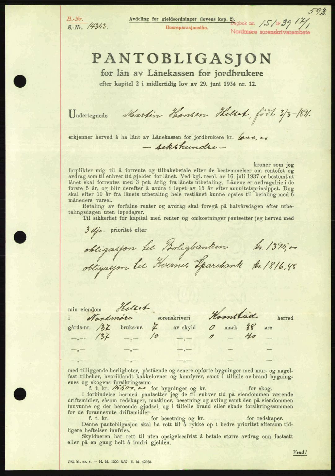 Nordmøre sorenskriveri, SAT/A-4132/1/2/2Ca: Mortgage book no. B84, 1938-1939, Diary no: : 151/1939