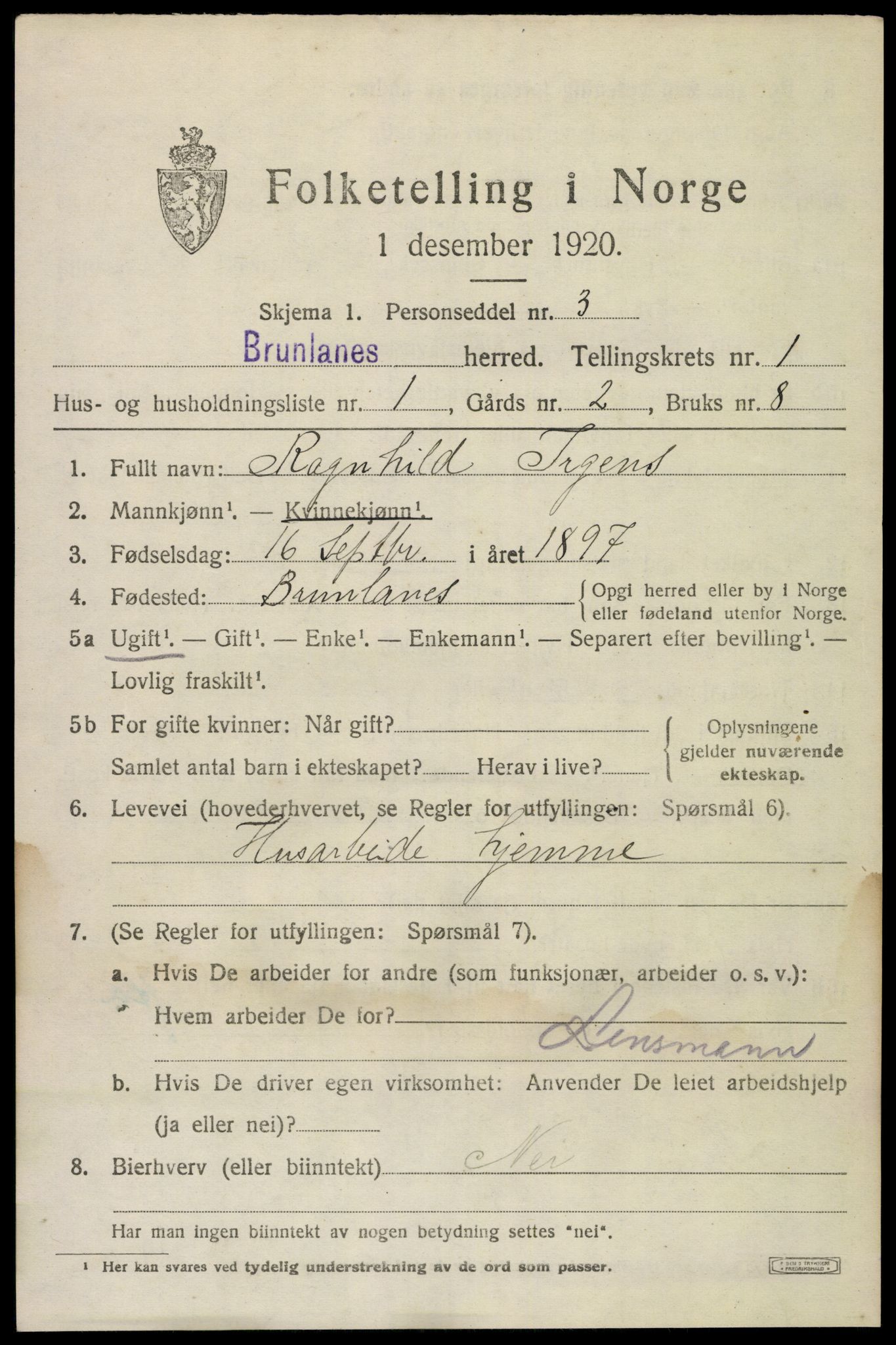 SAKO, 1920 census for Brunlanes, 1920, p. 1967