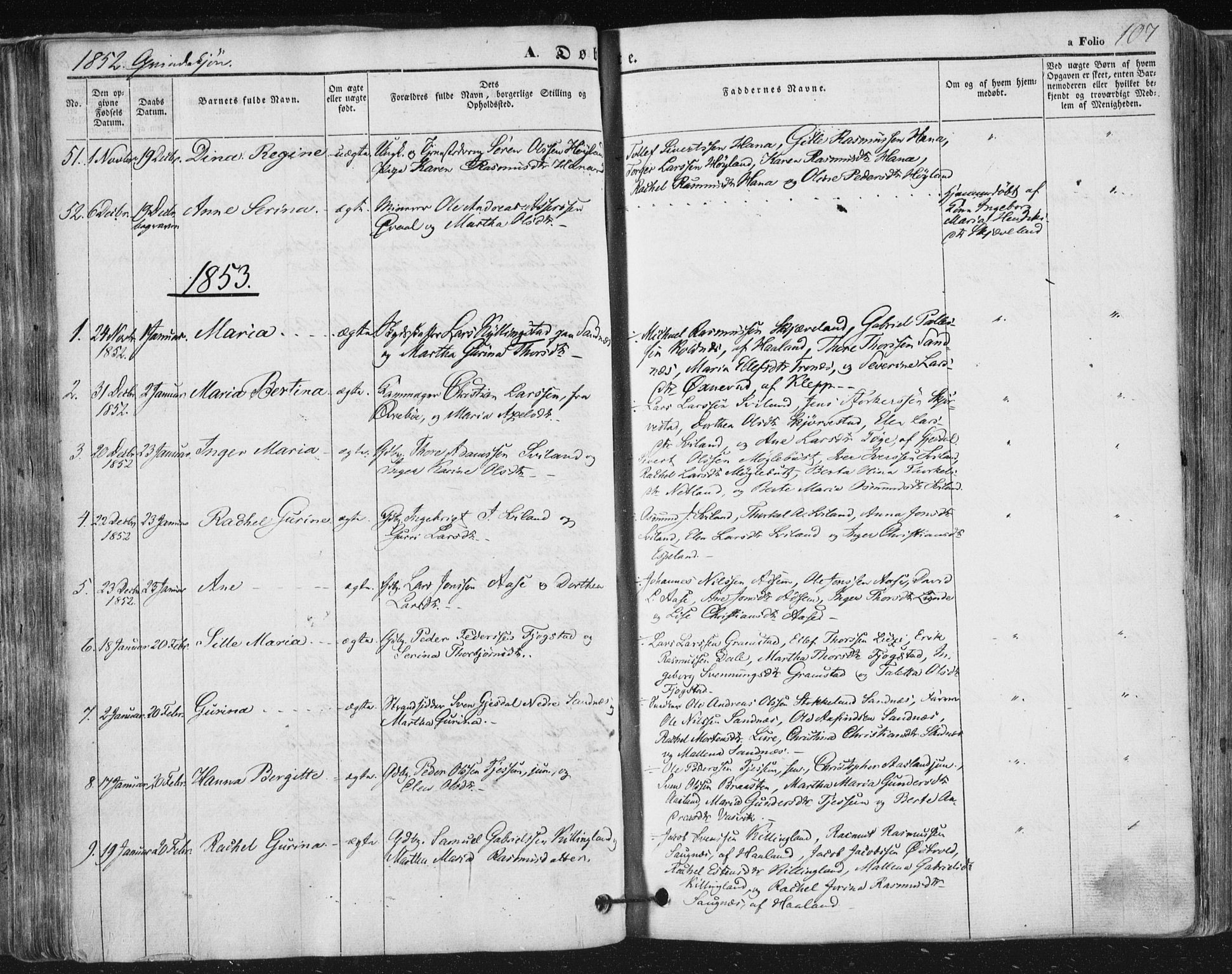 Høyland sokneprestkontor, AV/SAST-A-101799/001/30BA/L0008: Parish register (official) no. A 8, 1841-1856, p. 107