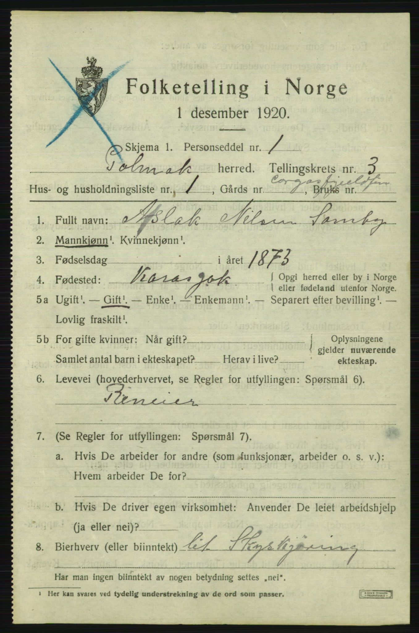 SATØ, 1920 census for Polmak, 1920, p. 1323