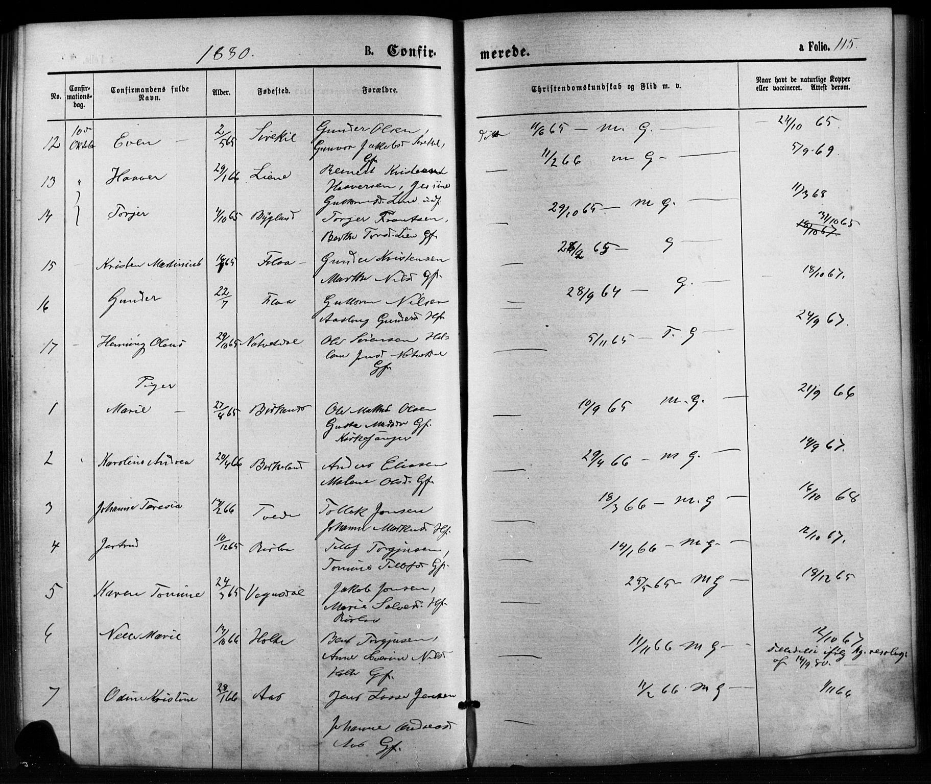 Birkenes sokneprestkontor, SAK/1111-0004/F/Fb/L0003: Parish register (copy) no. B 3, 1876-1892, p. 115