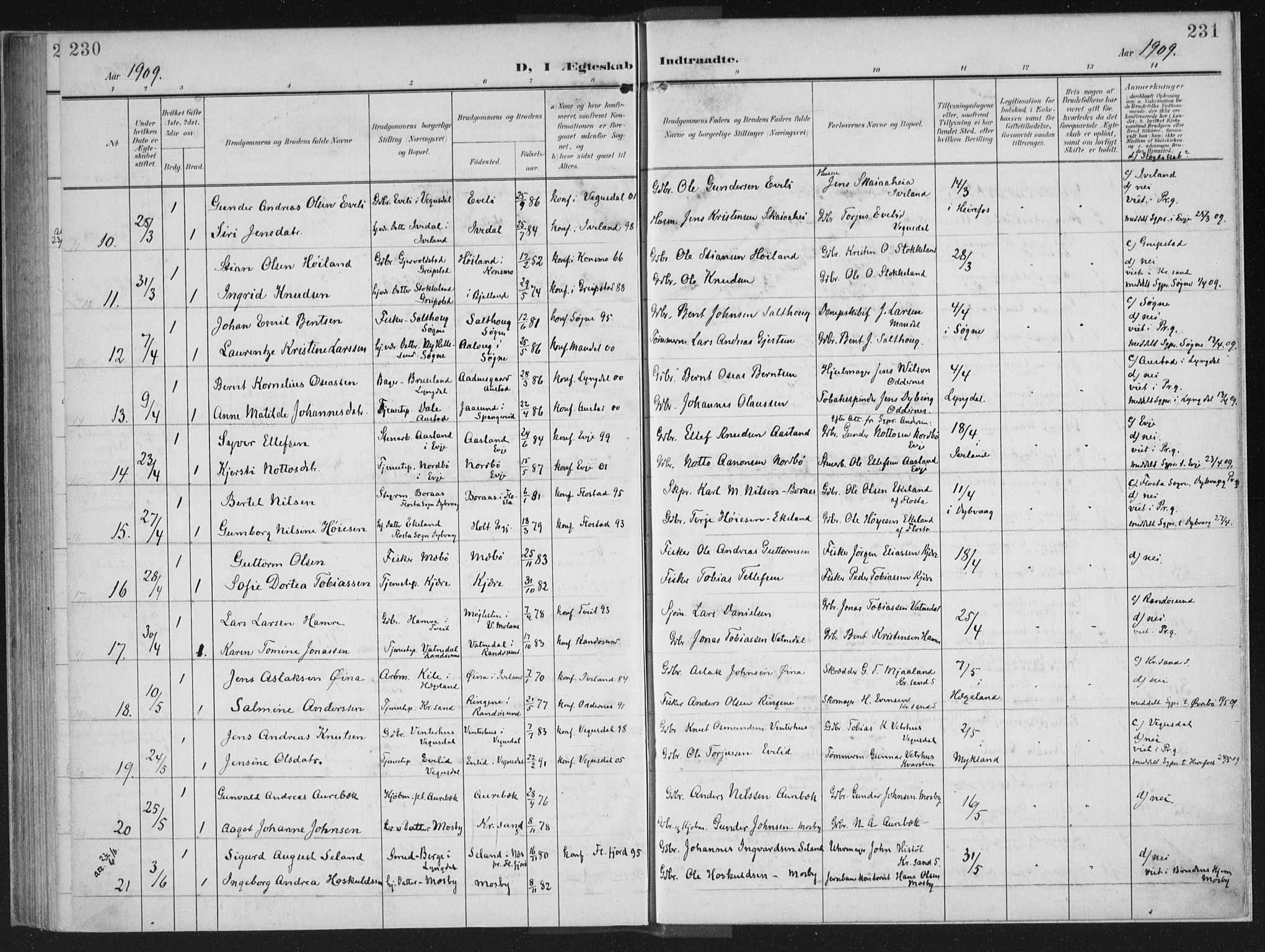 Oddernes sokneprestkontor, AV/SAK-1111-0033/F/Fa/Faa/L0011: Parish register (official) no. A 11, 1904-1911, p. 230-231