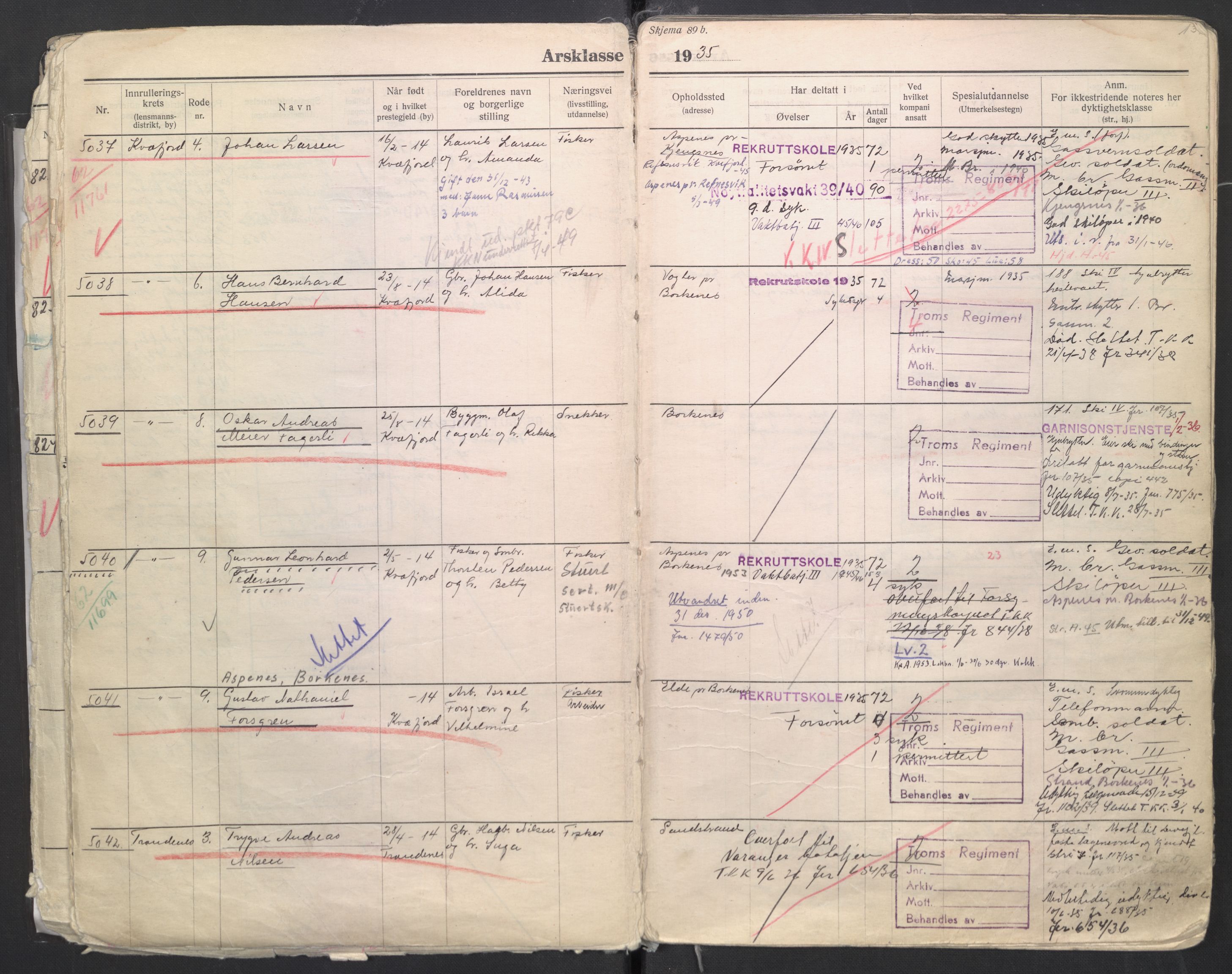 Forsvaret, Troms infanteriregiment nr. 16, AV/RA-RAFA-3146/P/Pa/L0006/0008: Ruller / Rulle for regimentets menige mannskaper, årsklasse 1935, 1935, p. 13