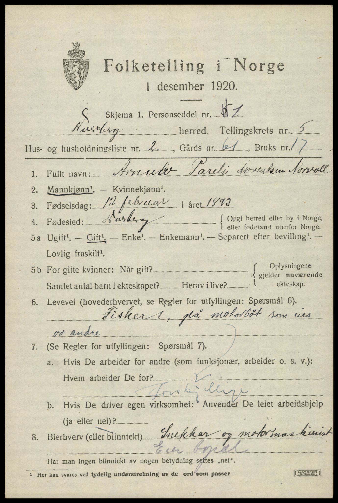 SAT, 1920 census for Dverberg, 1920, p. 5864