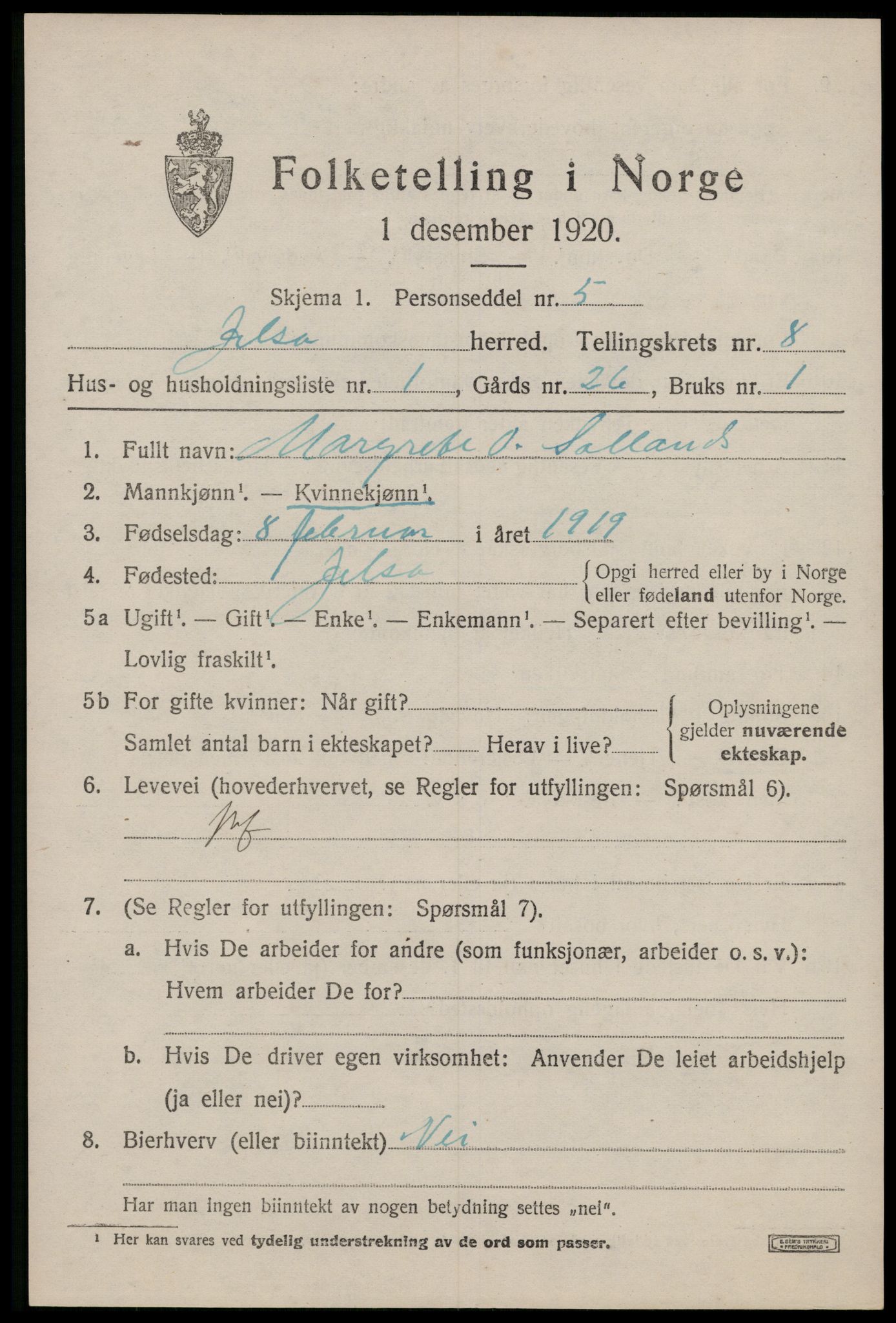 SAST, 1920 census for Jelsa, 1920, p. 2150