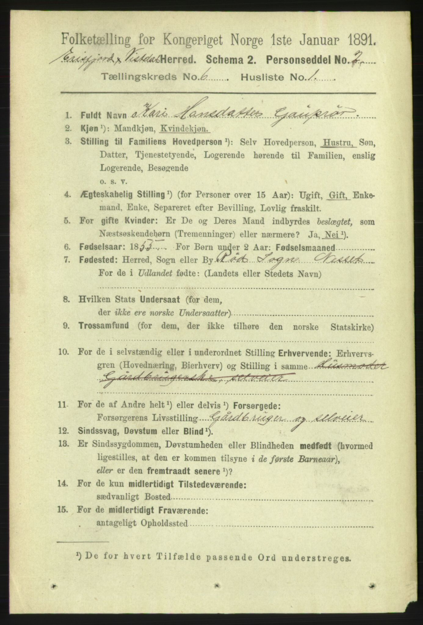 RA, 1891 census for 1542 Eresfjord og Vistdal, 1891, p. 1525