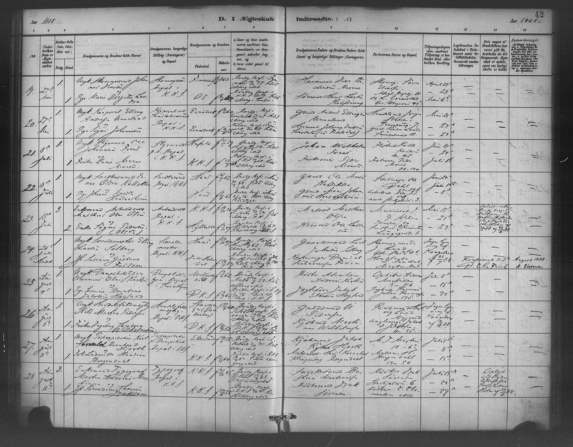 Korskirken sokneprestembete, AV/SAB-A-76101/H/Haa/L0037: Parish register (official) no. D 4, 1883-1904, p. 42