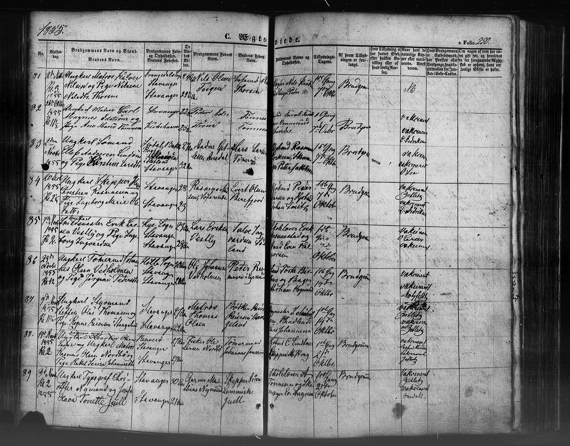Domkirken sokneprestkontor, SAST/A-101812/001/30/30BB/L0009: Parish register (copy) no. B 9, 1850-1858, p. 250