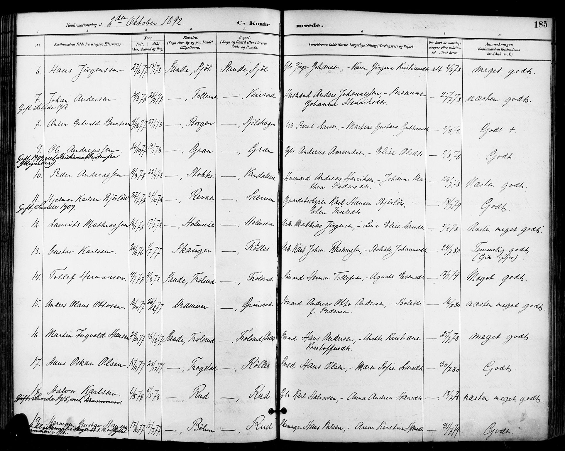 Sande Kirkebøker, AV/SAKO-A-53/F/Fa/L0007: Parish register (official) no. 7, 1888-1903, p. 185