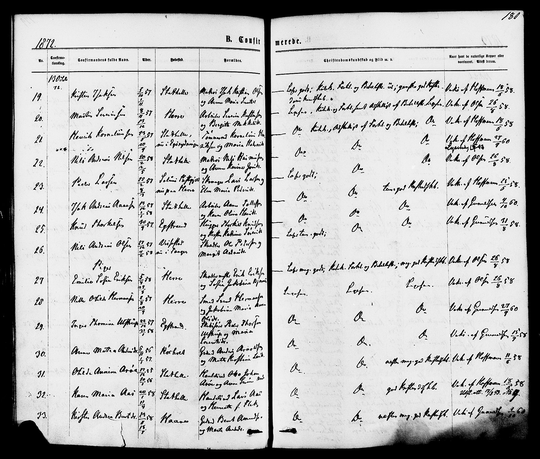 Bamble kirkebøker, AV/SAKO-A-253/F/Fa/L0006: Parish register (official) no. I 6, 1869-1877, p. 180