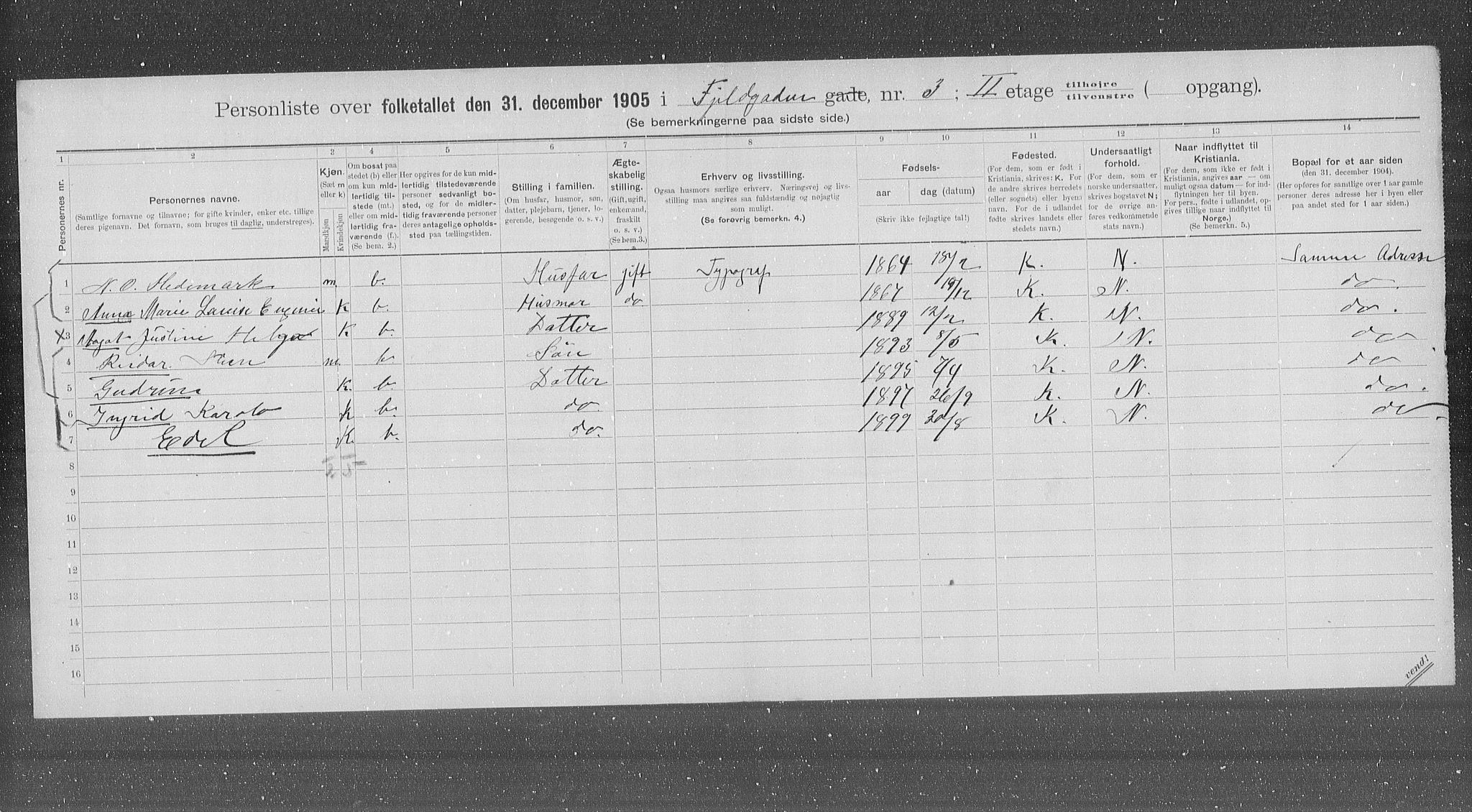 OBA, Municipal Census 1905 for Kristiania, 1905, p. 12541