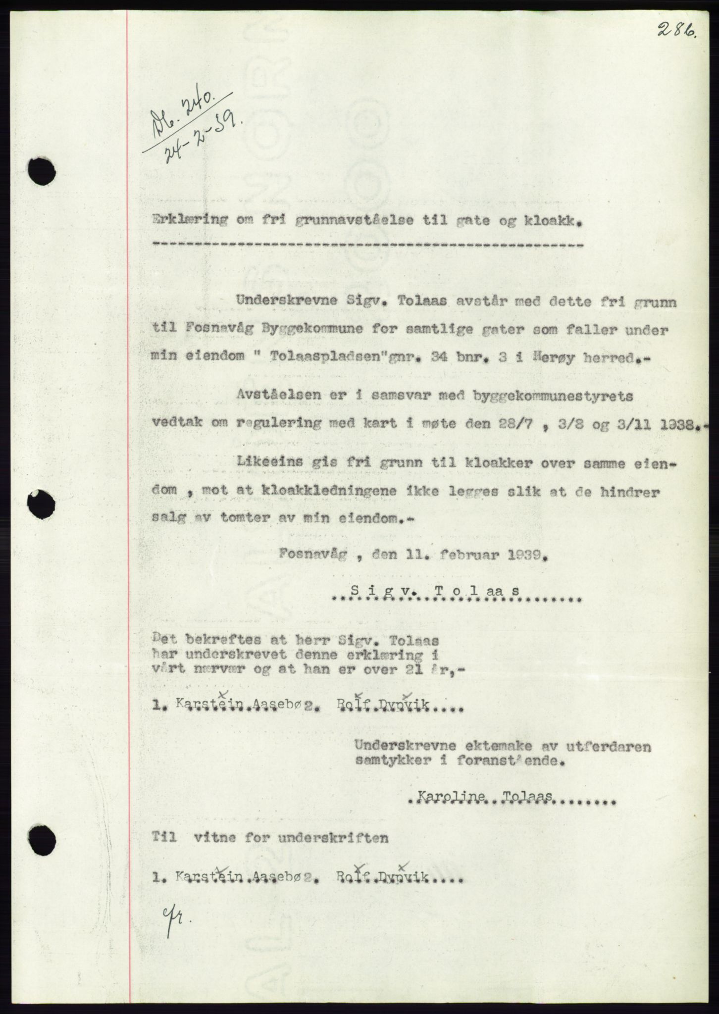 Søre Sunnmøre sorenskriveri, AV/SAT-A-4122/1/2/2C/L0067: Mortgage book no. 61, 1938-1939, Diary no: : 240/1939